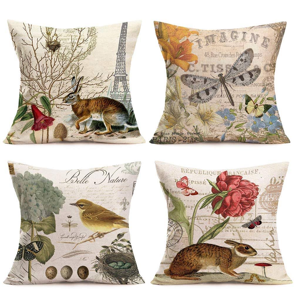 Hopyeer 4Pack Rustic Vintage Animals Throw Pillow Covers Cotton Linen Decorative Cute Rabbits Dragonflies Robin Birds Butterfly Classical Pairs