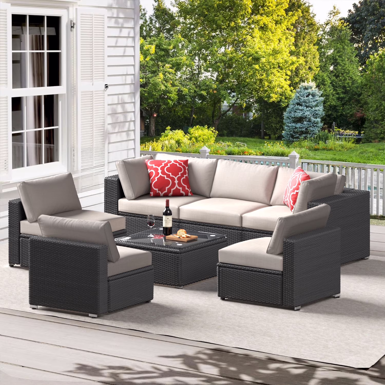7 Piece Patio Furniture Sets Outdoor Sectional PE Rattan Outdoor Furniture Patio Conversation Set with Cushions and Glass Coffee Table, for Balcony Lawn and Garden, Gray(7pcs#Gray) - Image 5