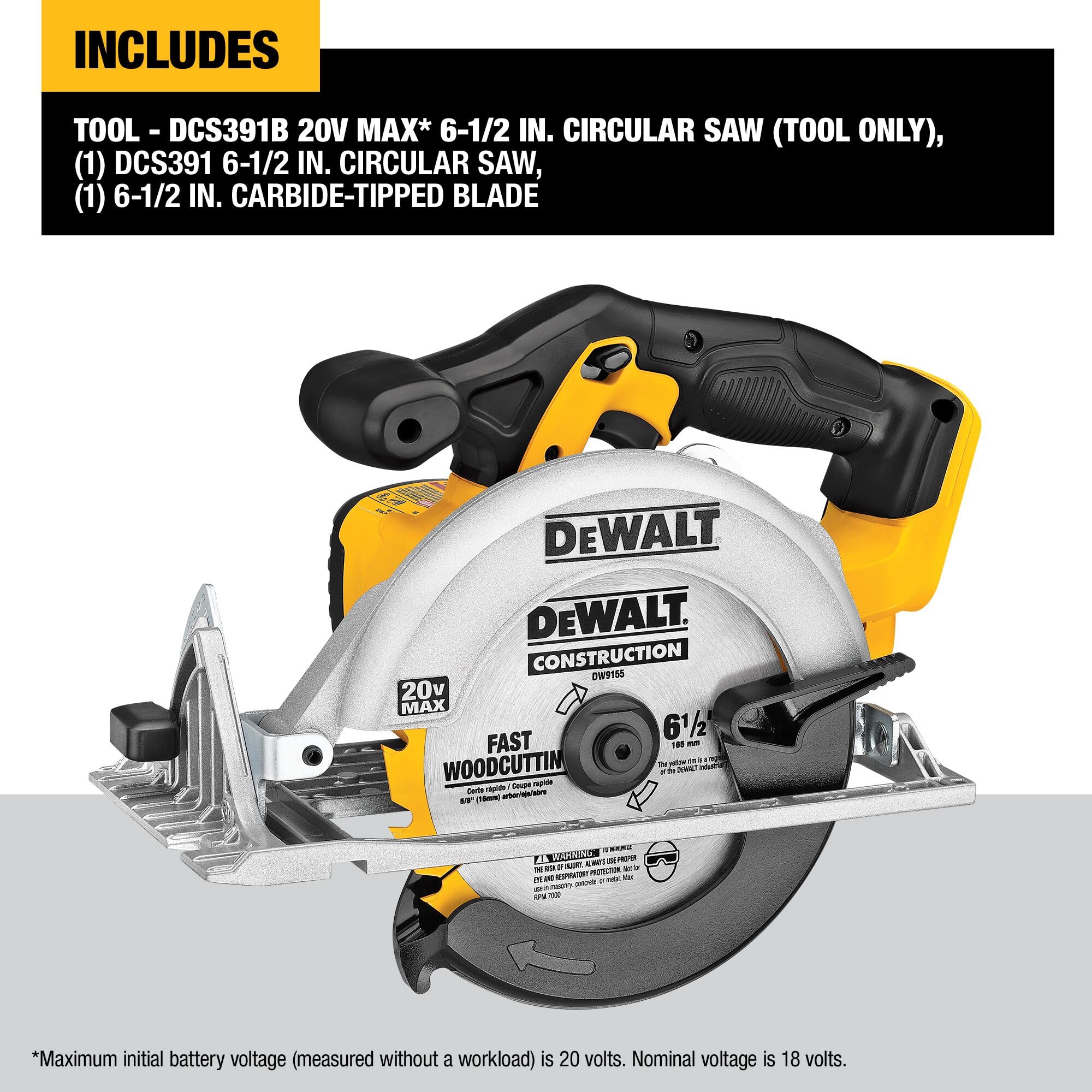 20V MAX Circular Saw, Cordless Sidewinder Style Portable, 6-1/2-Inch Blade, 5150 RPM, 0-50 Degree Bevel Capability, Battery Not Included (DCS391B)