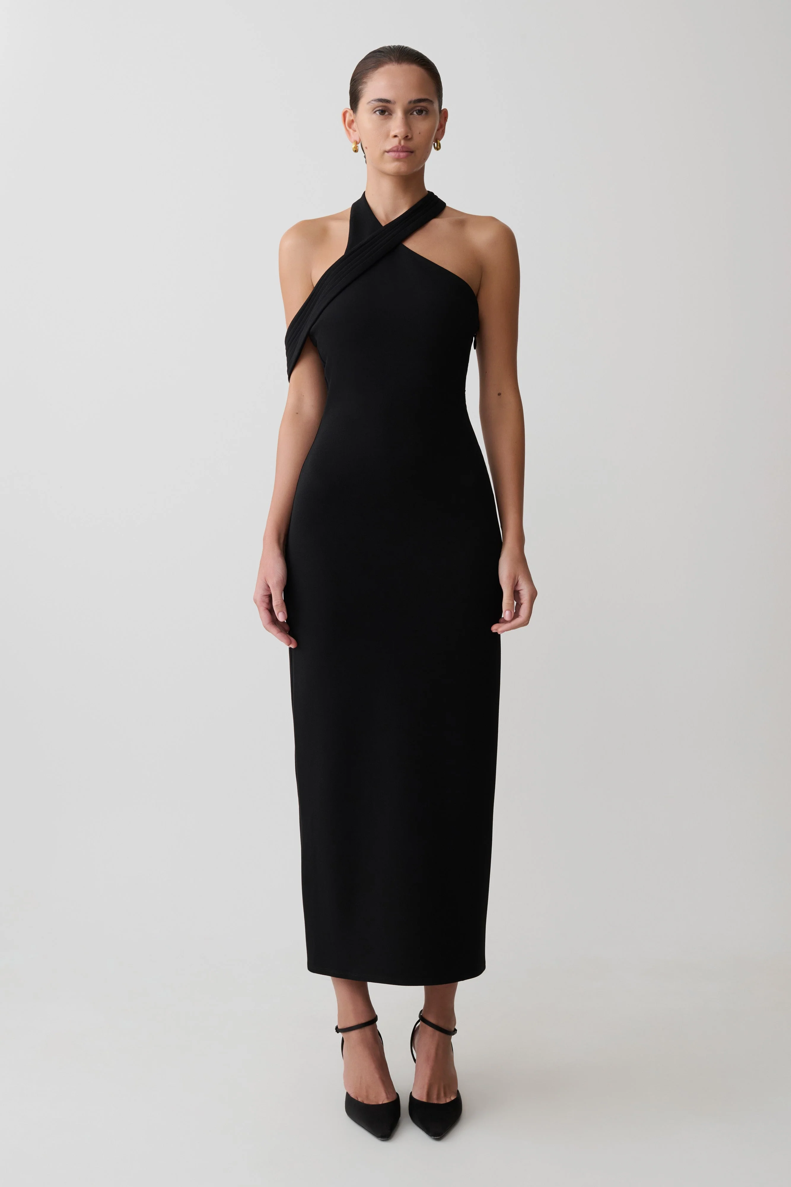 Sable Crossover Crepe Midi Dress - Black