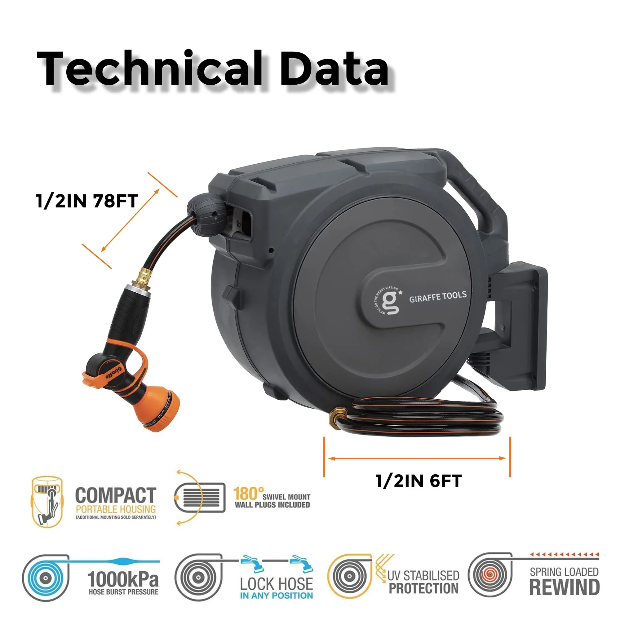 Giraffe Tools Retractable Garden Hose Reel with 1/2in-100ft Water Hose, Plastic Bracket, Wall Mounted, Dark Grey