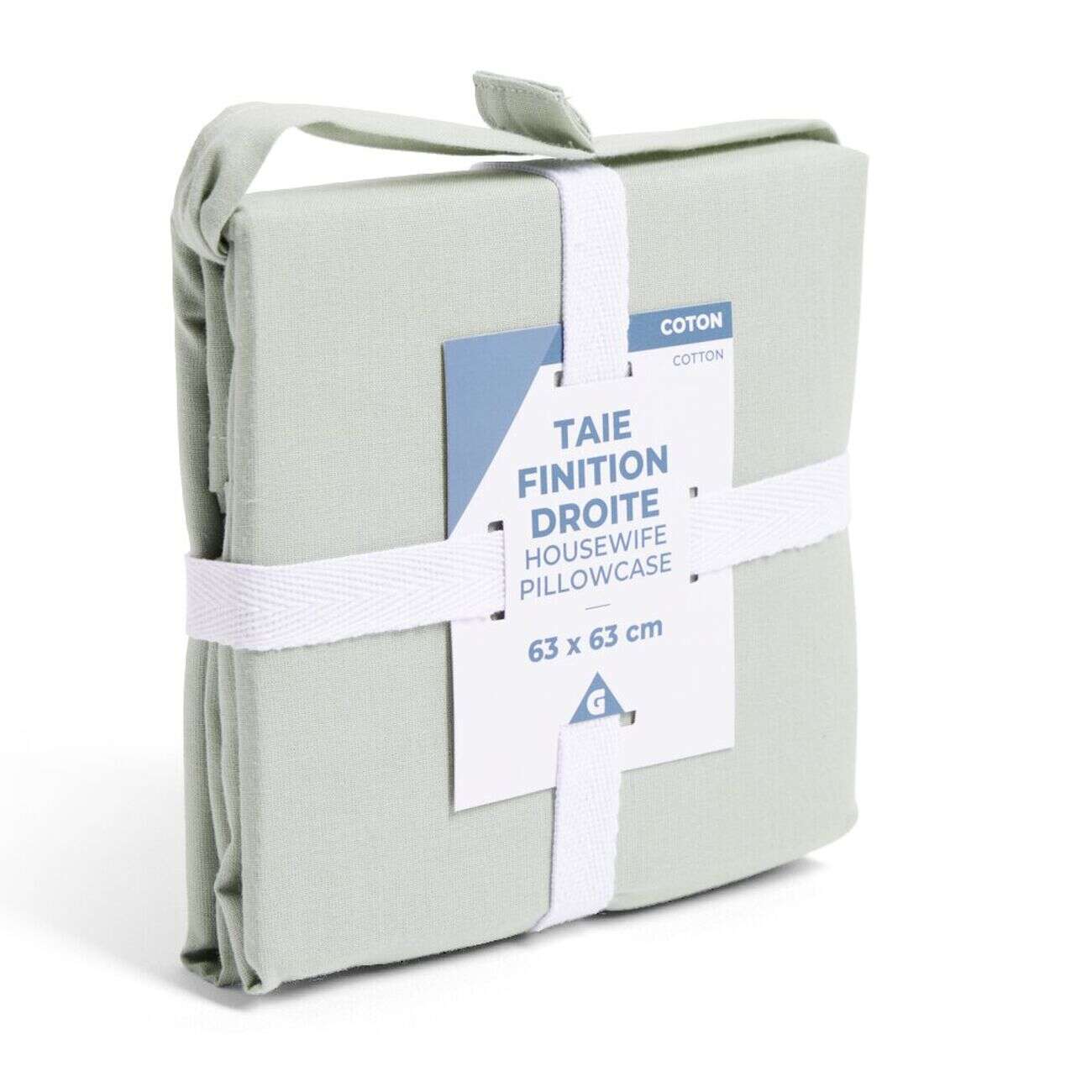 Taie d'oreiller 63x63cm 100% coton finition droite vert céladon