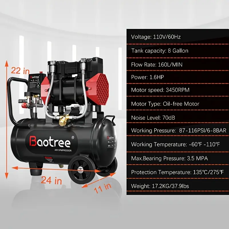Datingday Ultra Quiet Air 8 Gallon 1.6HP Compressor with Two Quick Couplers & Wheels,Fast 60-Second Inflation & Auto Safety Features ,Max 115 PSI Oil-Free Air Compressor Tank for Home/Commercial Use