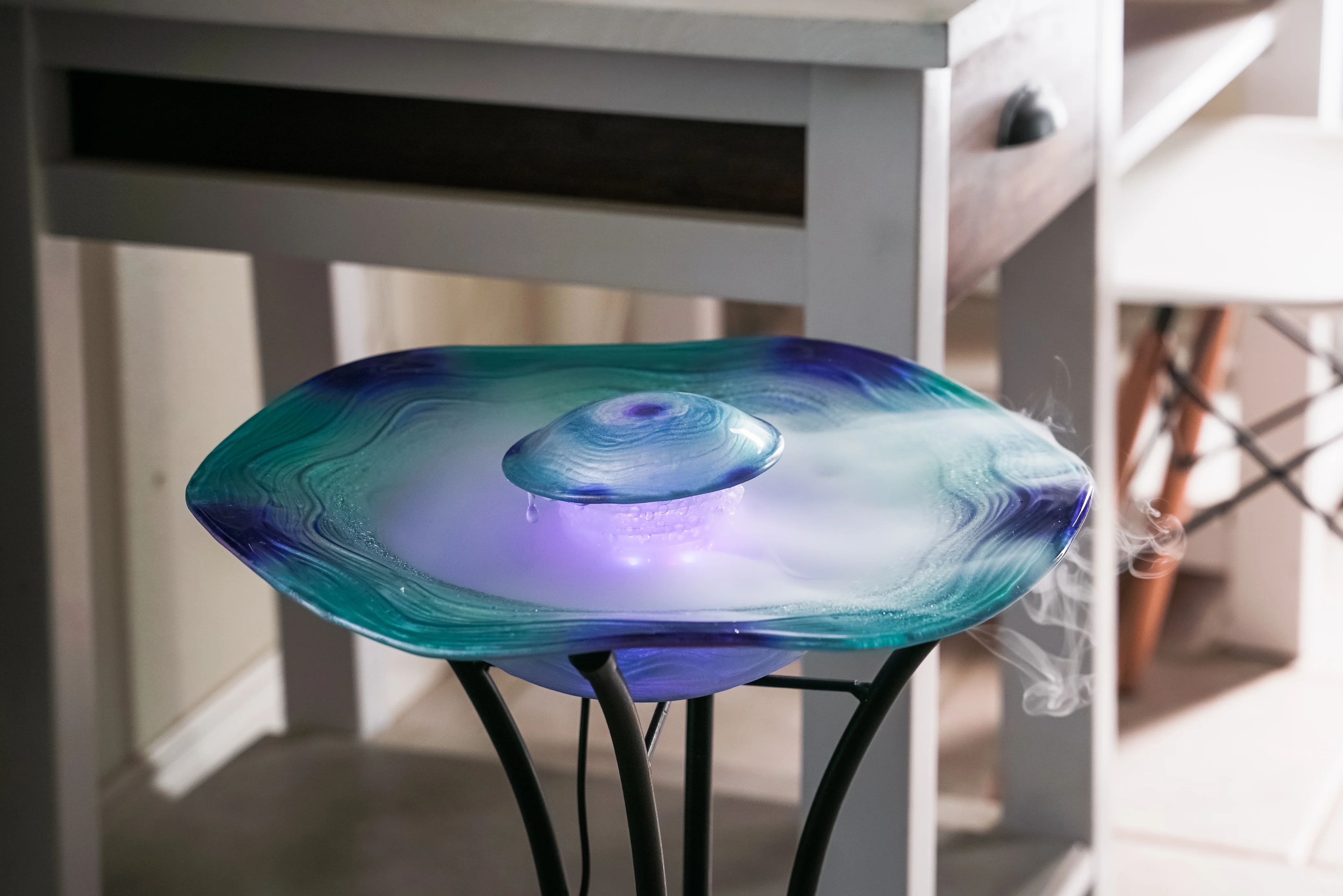 27in Tall Floor Mist Fountain with 12 Color Changing LED Lights and Inline Control Blue Glass and Metal Design, Blue Freestanding Mist Fountain, Indoor Mist Fountain - Image 4