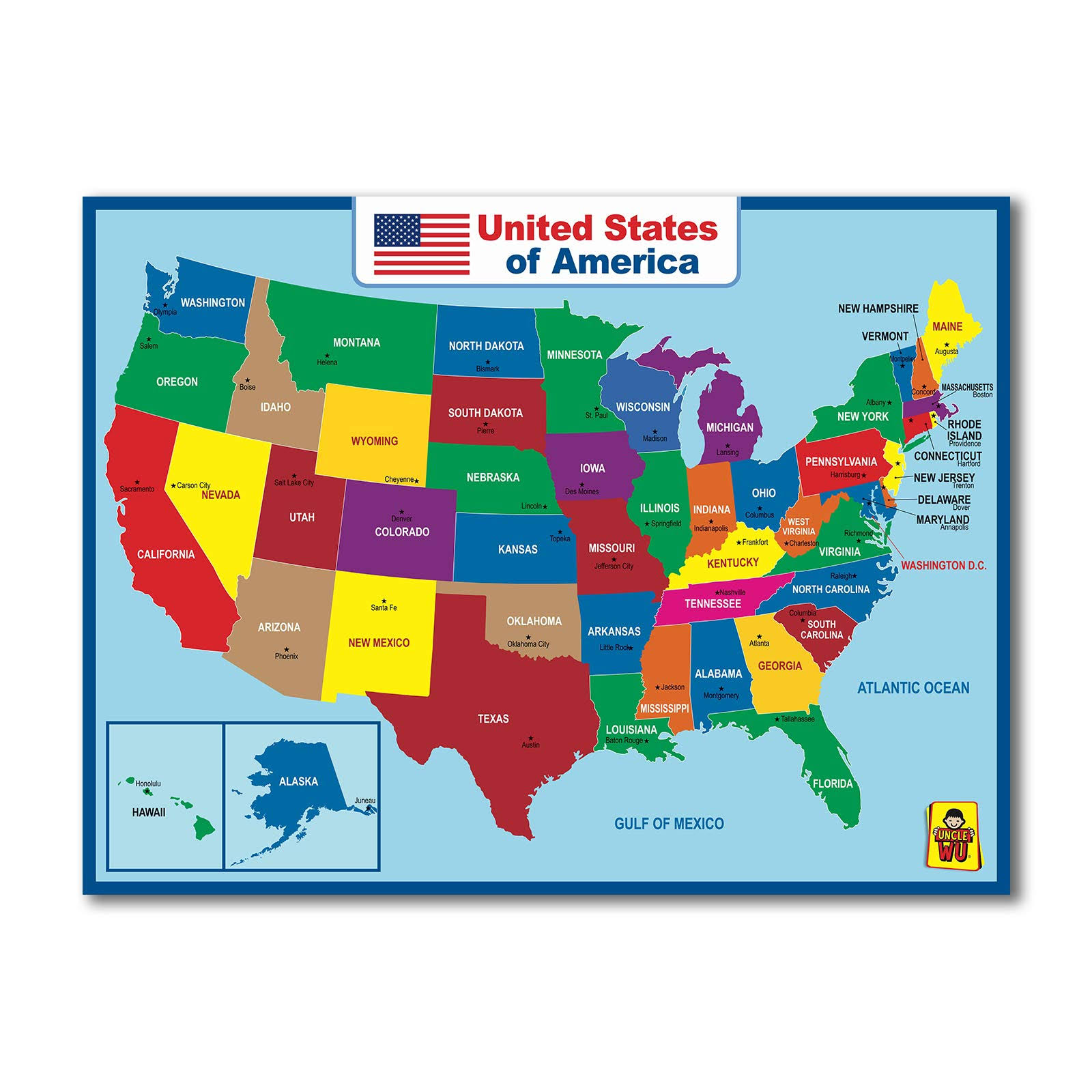 Uncle Wu United State Map Wall Poster for Kids -Double Side Educational Poster for Classroom Home -18 x 24 inch Laminated Waterproof