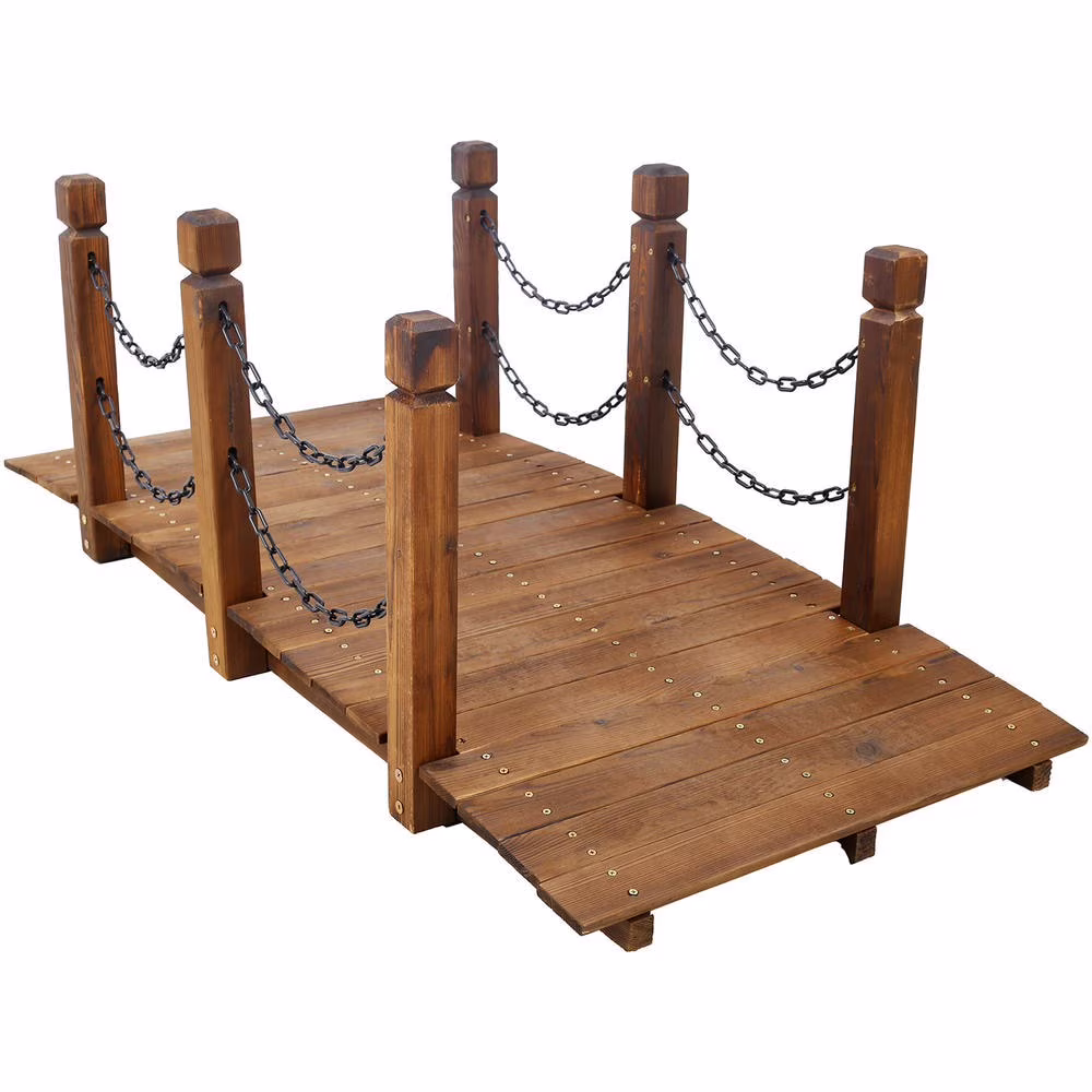 Barara King 5 FT Wooden Garden Bridge, Stained Wood Arc Footbridge with Chain Railings for Backyard Creek Farm, Decorative Pond Bridge (Brown)