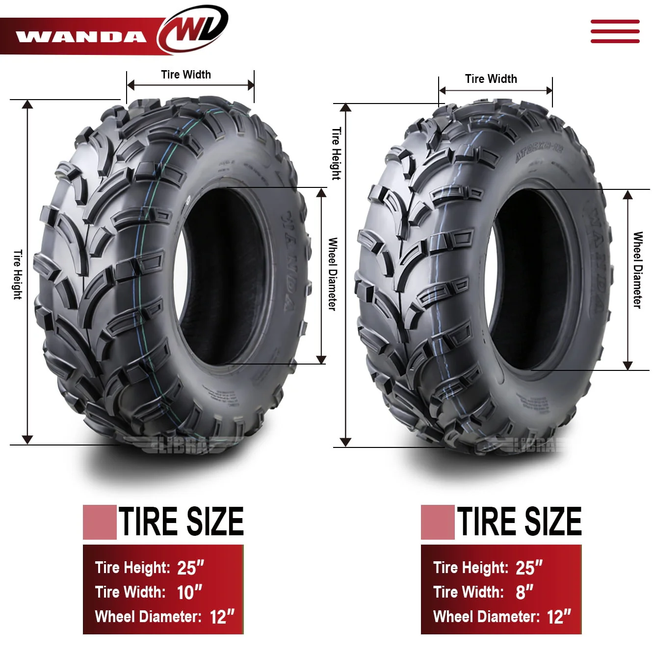 Wanda ATV/UTV Tires 25x8 - 12 Front & 25x10 - 12 Rear 6PR P373 - 10243/10244, Set 4