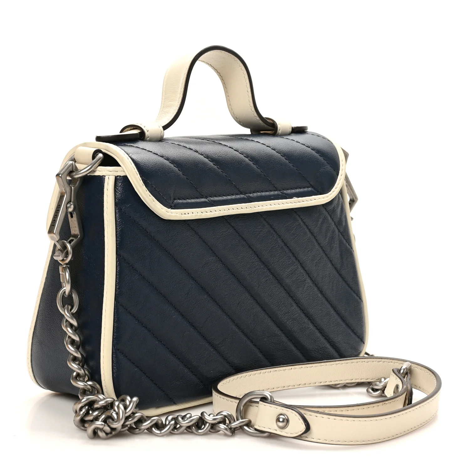 Vintage Effect Calfskin Matelasse Diagonal Mini Torchon GG Marmont Top Handle Shoulder Bag Blue Agata Mystic White