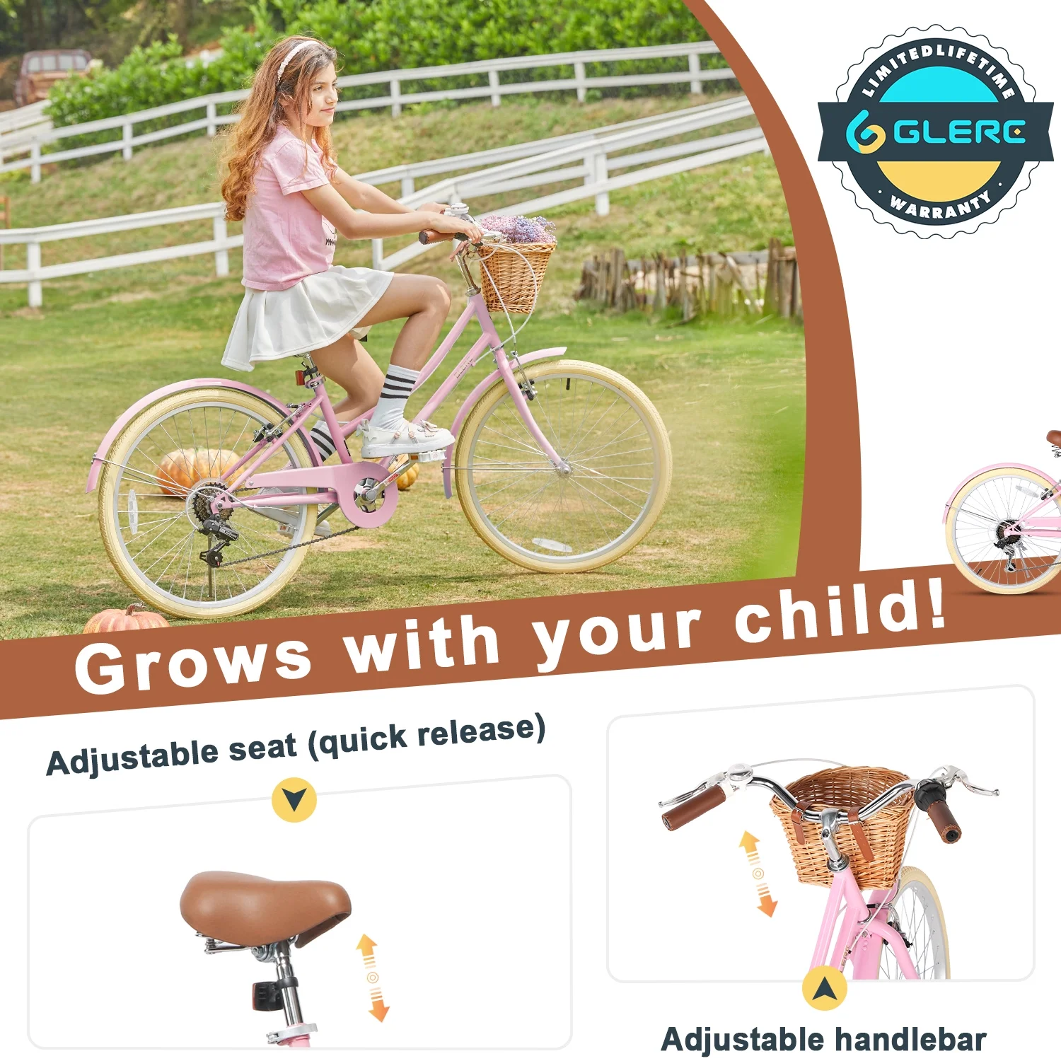 Missy 24" inch Girl Cruiser Kids Bike 6-Speed Teen Hybrid City Bicycle for Youth Ages 7 8 9 10 11 12 13 14 Years Old with Wicker Basket Lightweight, Pink(Pink/24") - Image 5