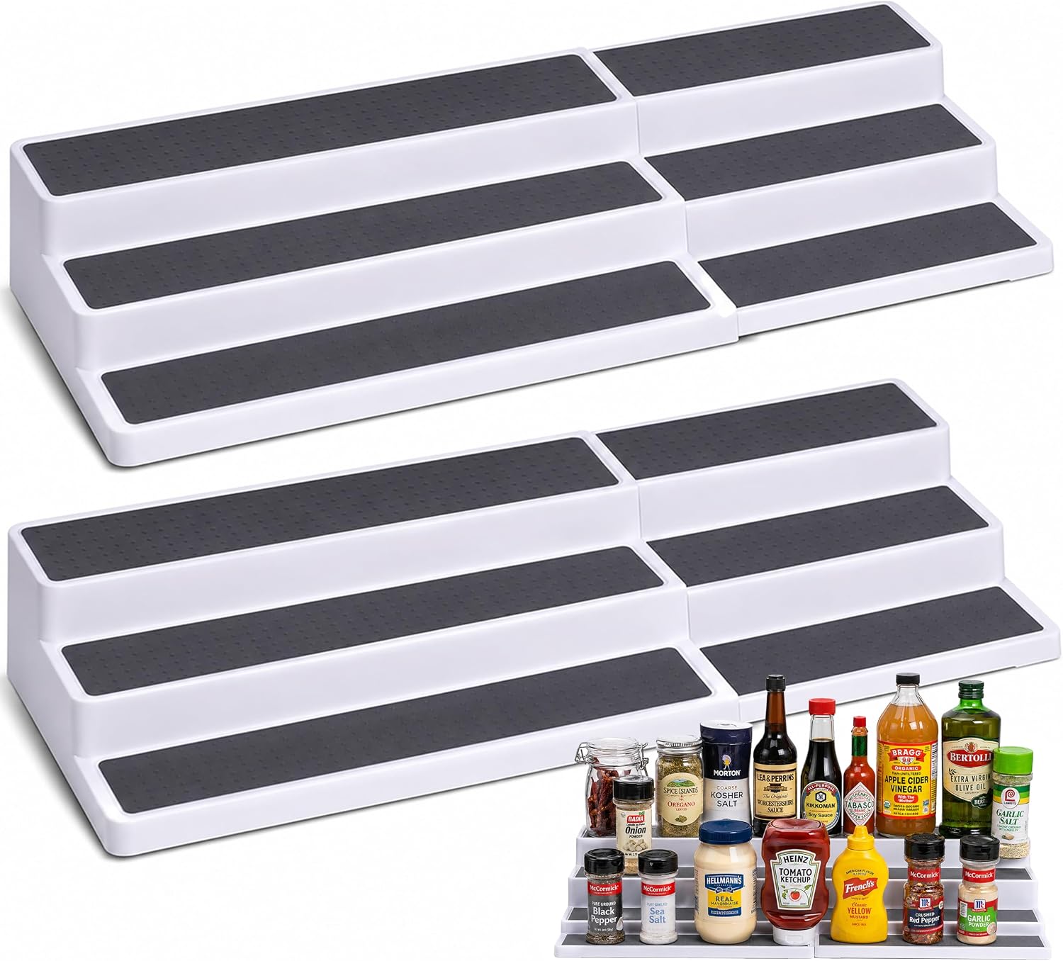 Oizeir Plastic 3-Tier Expandable Spice Rack, Adjustable Length, Stable with Non-Skid Shelf, For Easy Visibility, Organizer for Kitchen Cabinet, Pantry or Countertop, (2-Pack), White/Grey