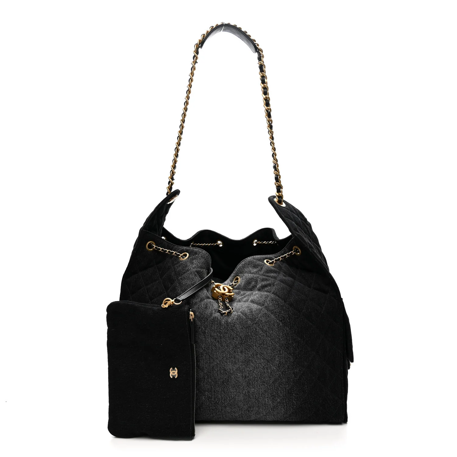 Washed Denim Quilted Large Chanel 25 Handbag Black