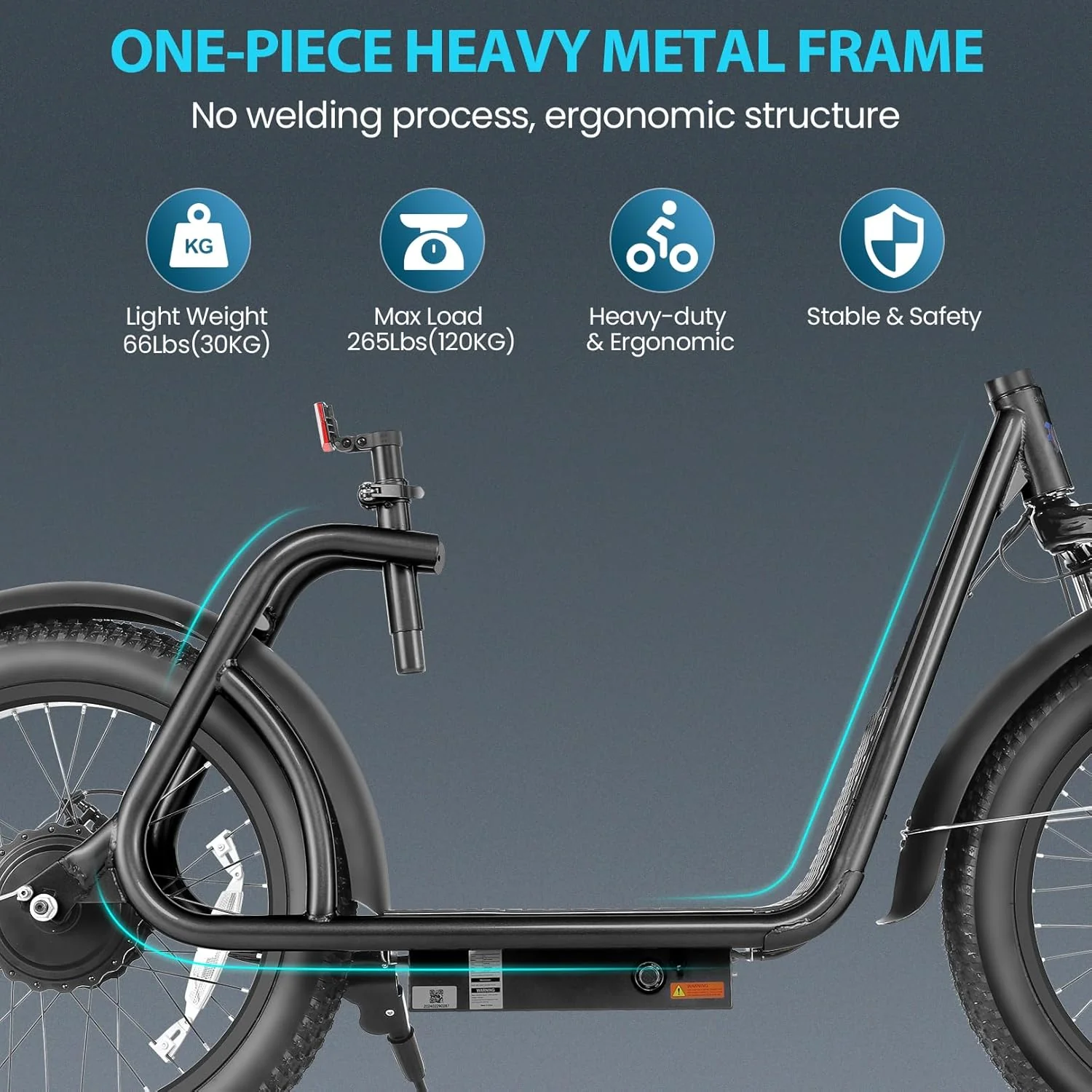 Trottinette électrique pliable Caroma Peak 800W pour adultes, avec pneus de 20 pouces de large, batterie 48V, panier et siège réglable.