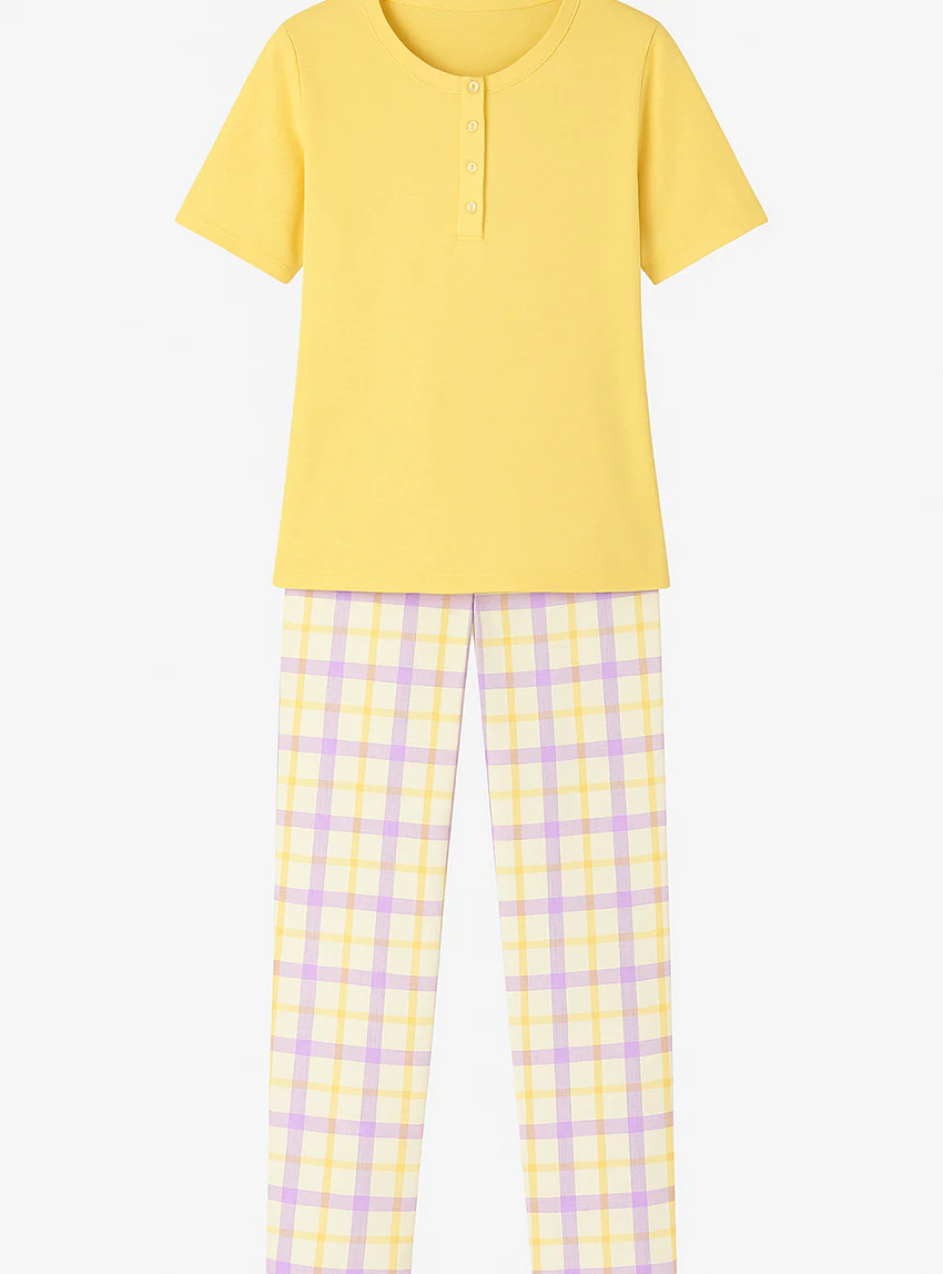 Pyjama femme col rond en coton jaune