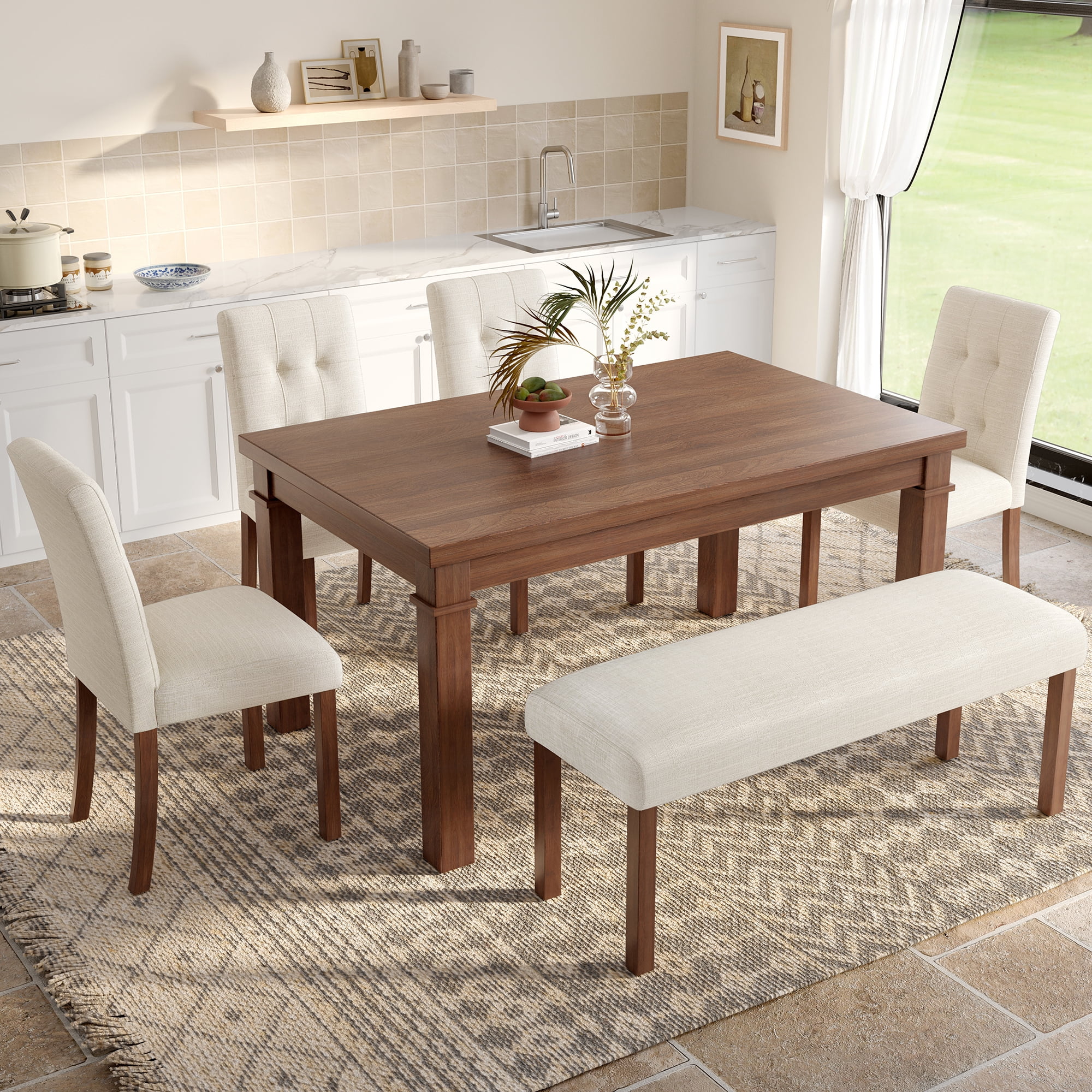 Euroco 6 - Piece Wood Dining Table Set for 6, Modern Rectangular Kitchen Table with 4 Upholstered Chairs & Bench for Kitchen Dining Room, Walnut