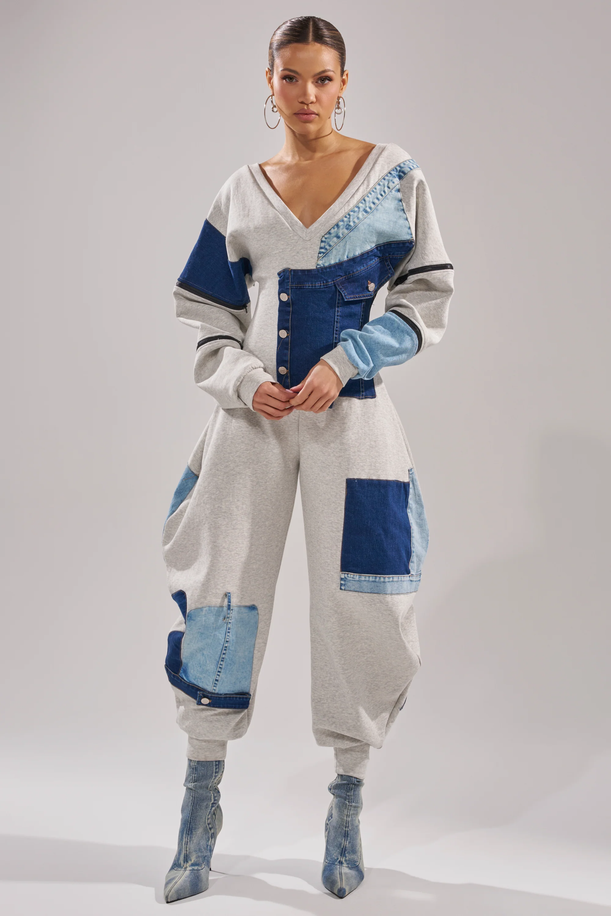 COMFY COZY PATCHWORK JUMPSUIT IN HEATHER GREY - Akira Store