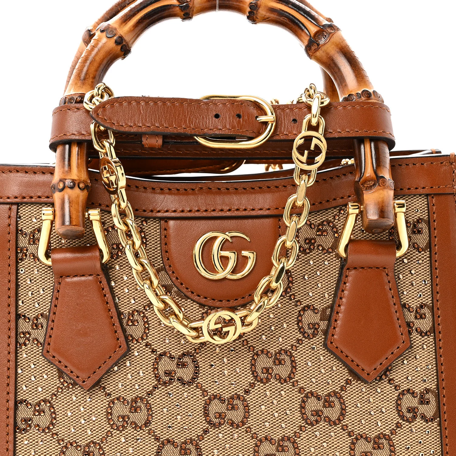 New Canvas Charisma Calfskin Crystal GG Monogram Mini Diana Tote Bag Camel Ebony