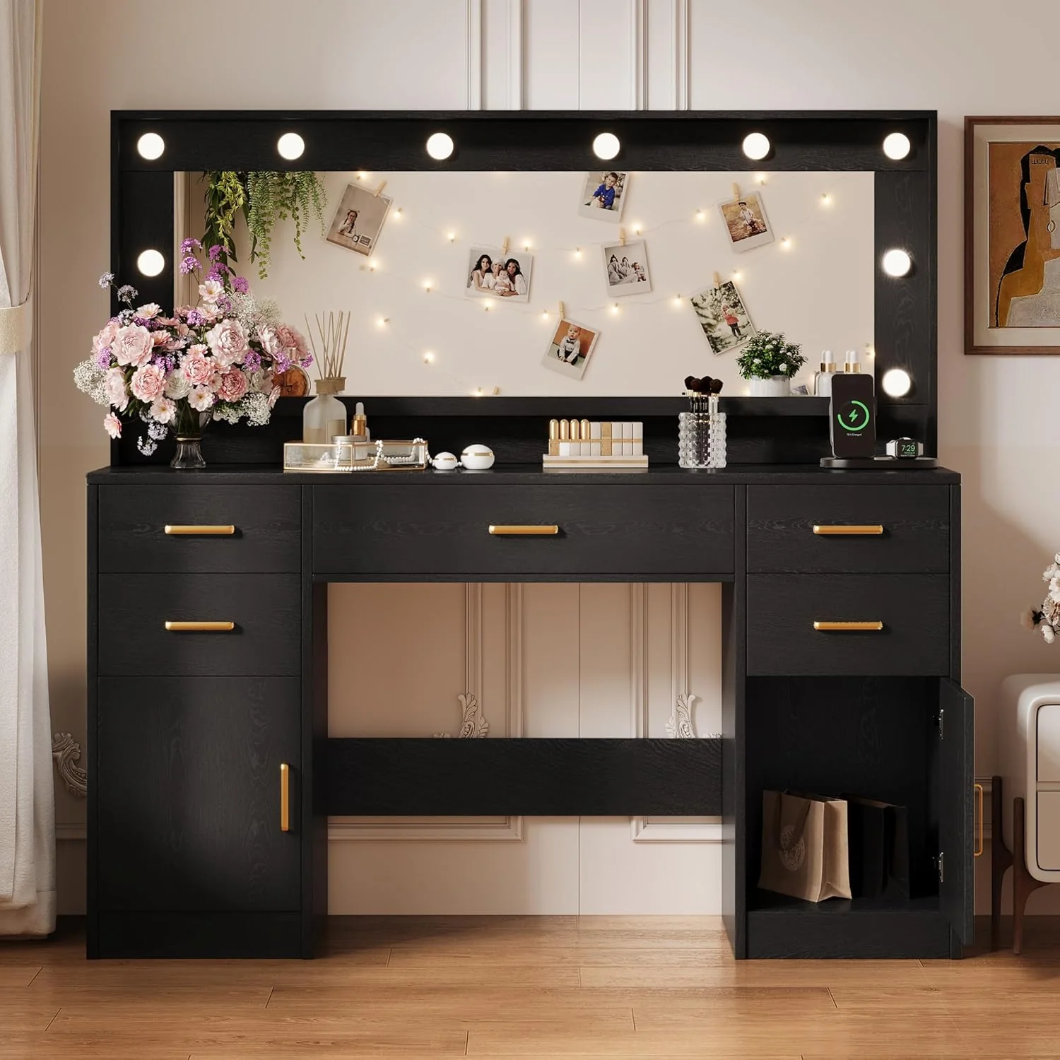 Coiffeuse noire avec miroir, éclairage et station de recharge, 148 cm (58,3 po), 3 modes d'éclairage