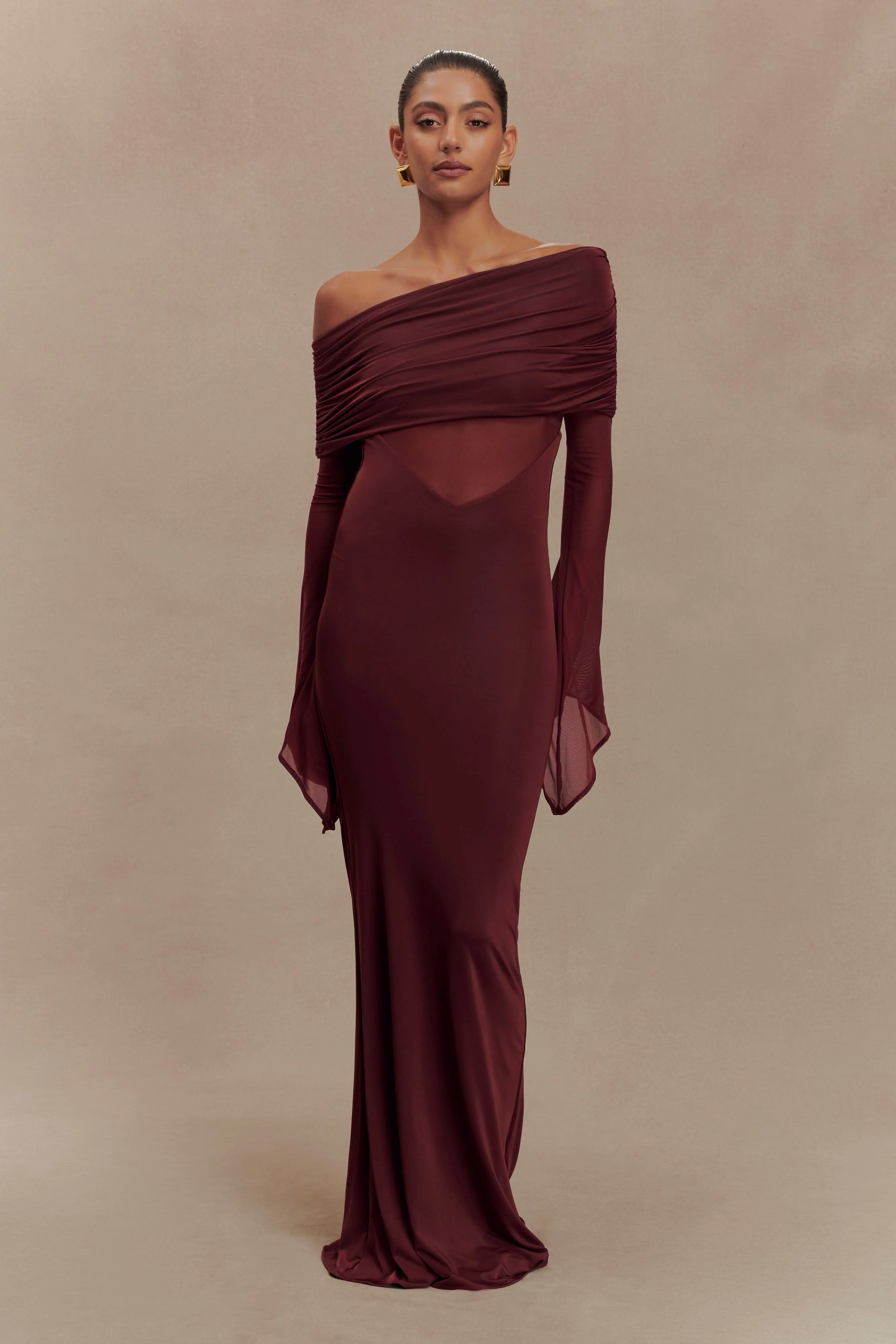 Kaitlin One Shoulder Slinky And Mesh Maxi Dress - Burgundy