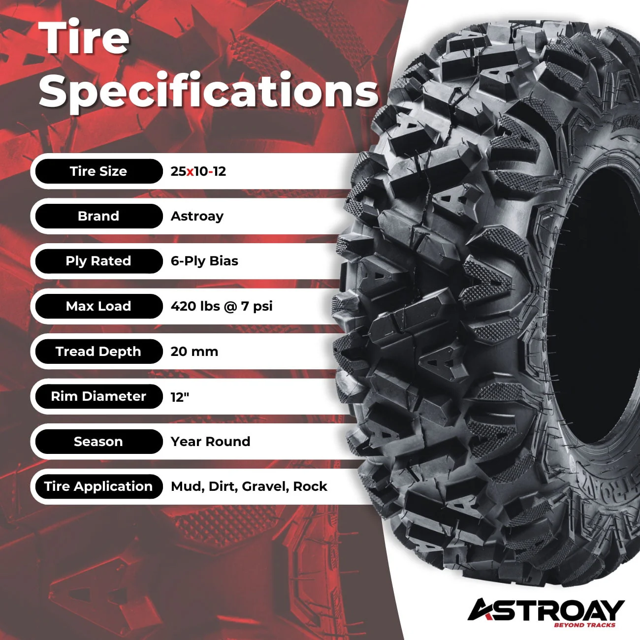 25 x 10 12 Knight Utility ATV/UTV Tire - Image 6