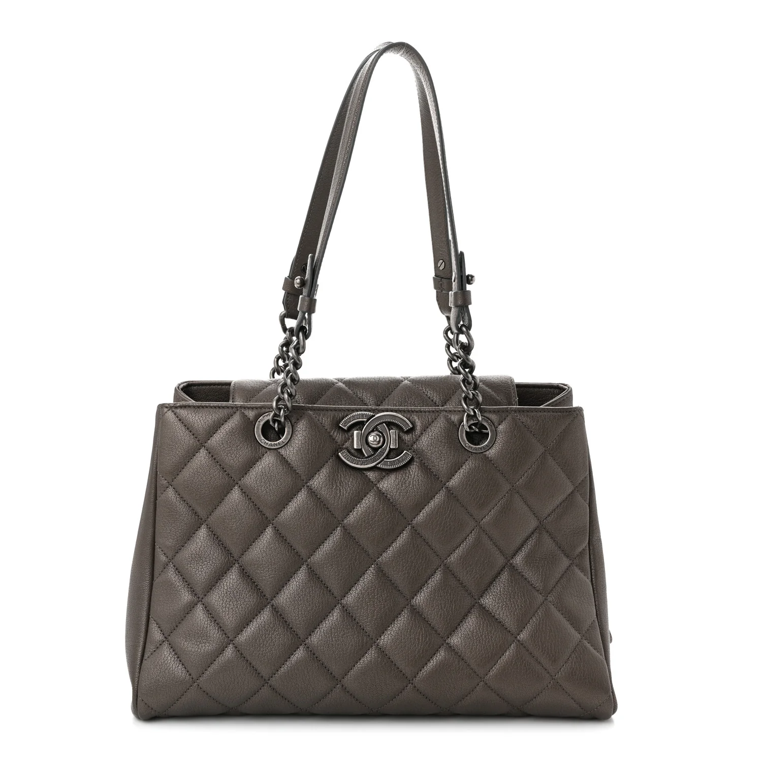 Metallic Goatskin Quilted Large City Rock Shopping Bag Silver