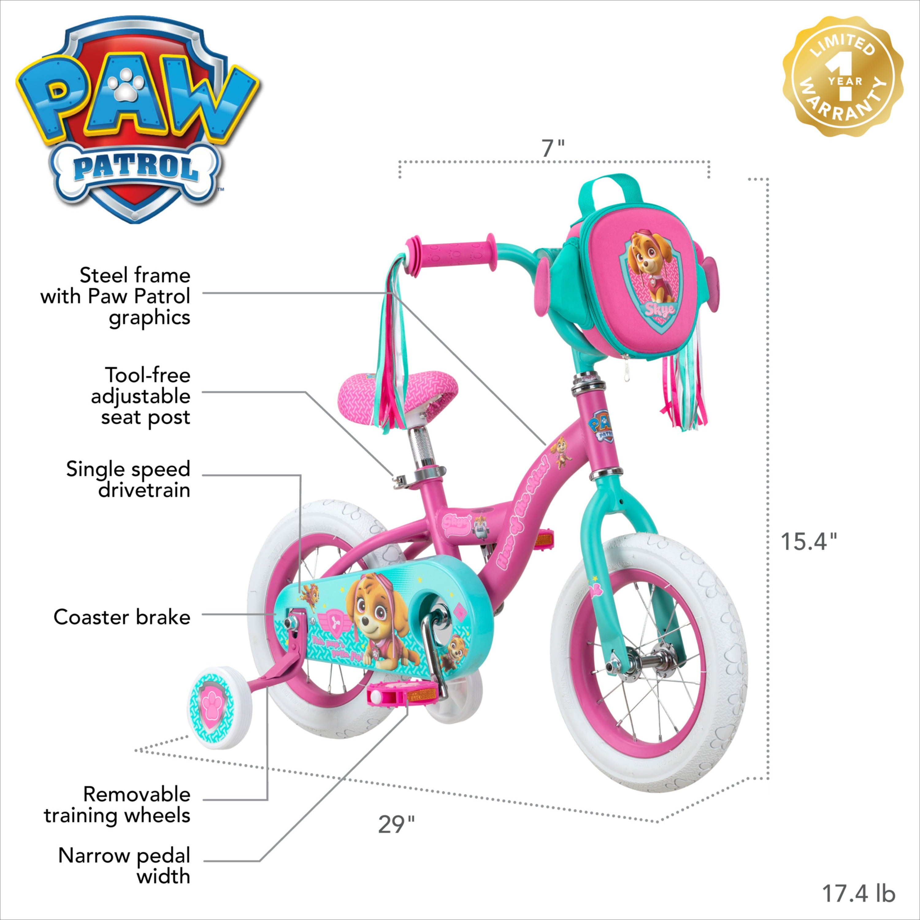 12in. Paw Patrol Skye Girls Kids Bike. Ages 2 to 4. Pink