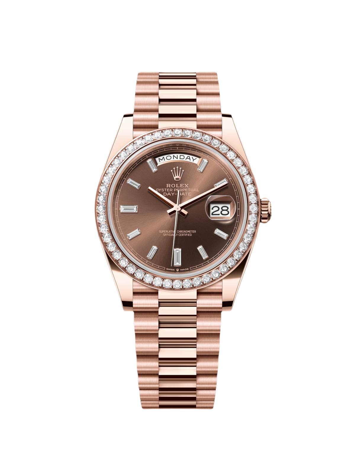 [Super Clone]RLX  Day-Date 40mm Chocolate Baguette Diamond Dial Diamond Bezel Dial Watch 228345RBR【Super Clone】