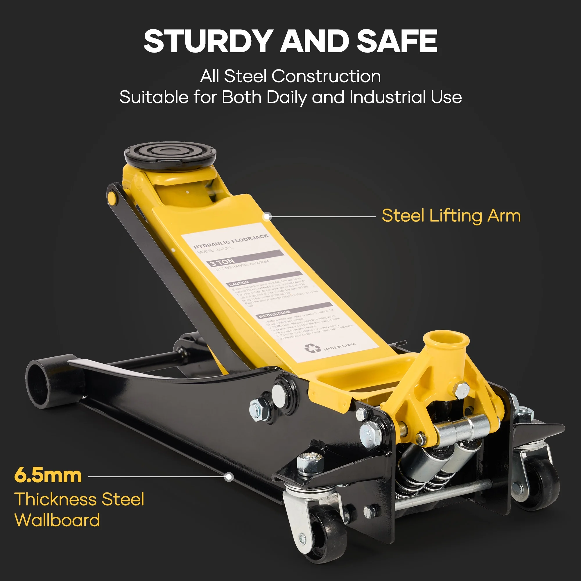 3 Ton Low Profile Floor Jack, Dual Piston Hydraulic Pump, Heavy Duty All Steel Construction, Lifting Range 2.8"-19.7", Use for Car, SUV, Mini RV, Light Truck, Yellow - Image 5