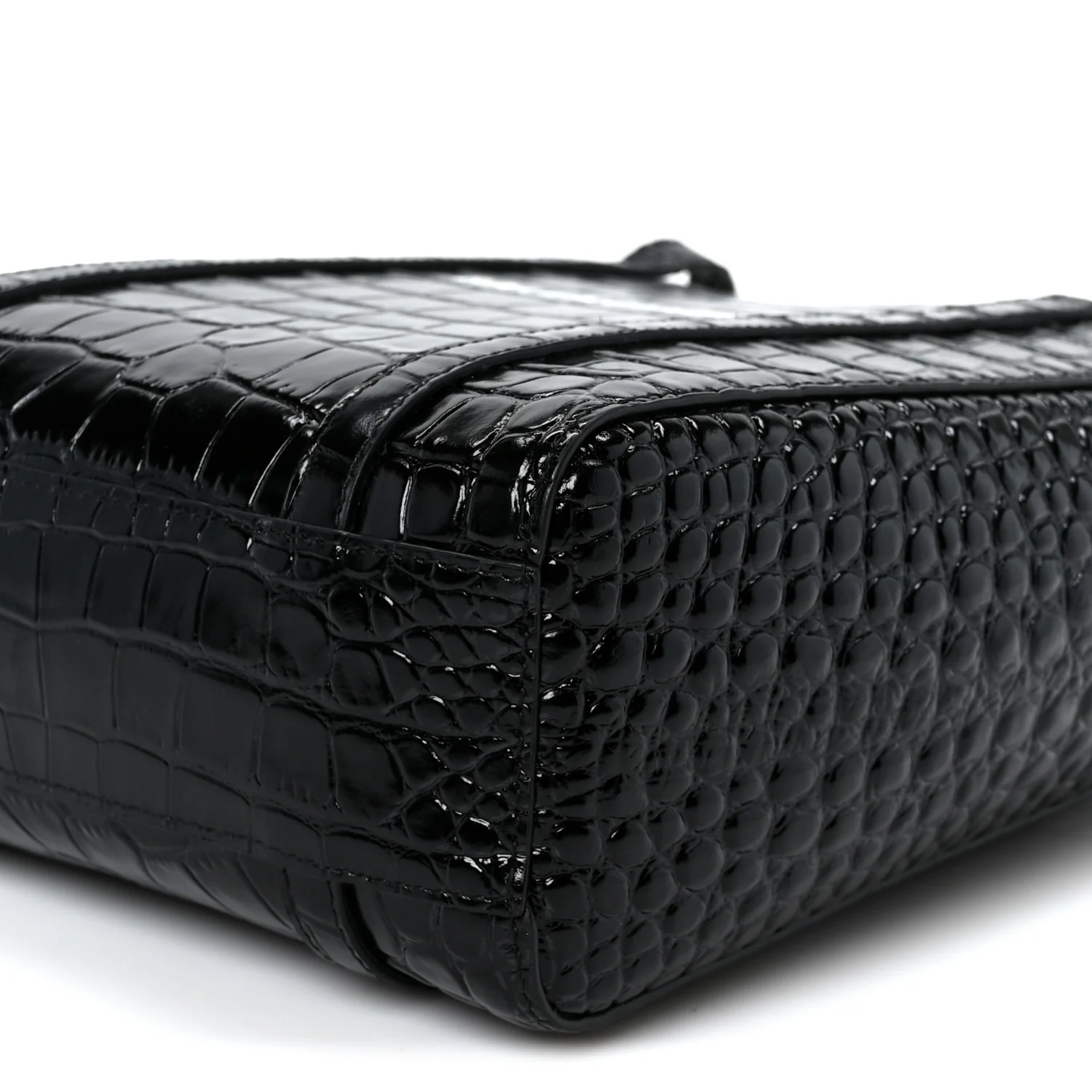 Shiny Calfskin Logo Crocodile Embossed XXS Everyday Tote  Black