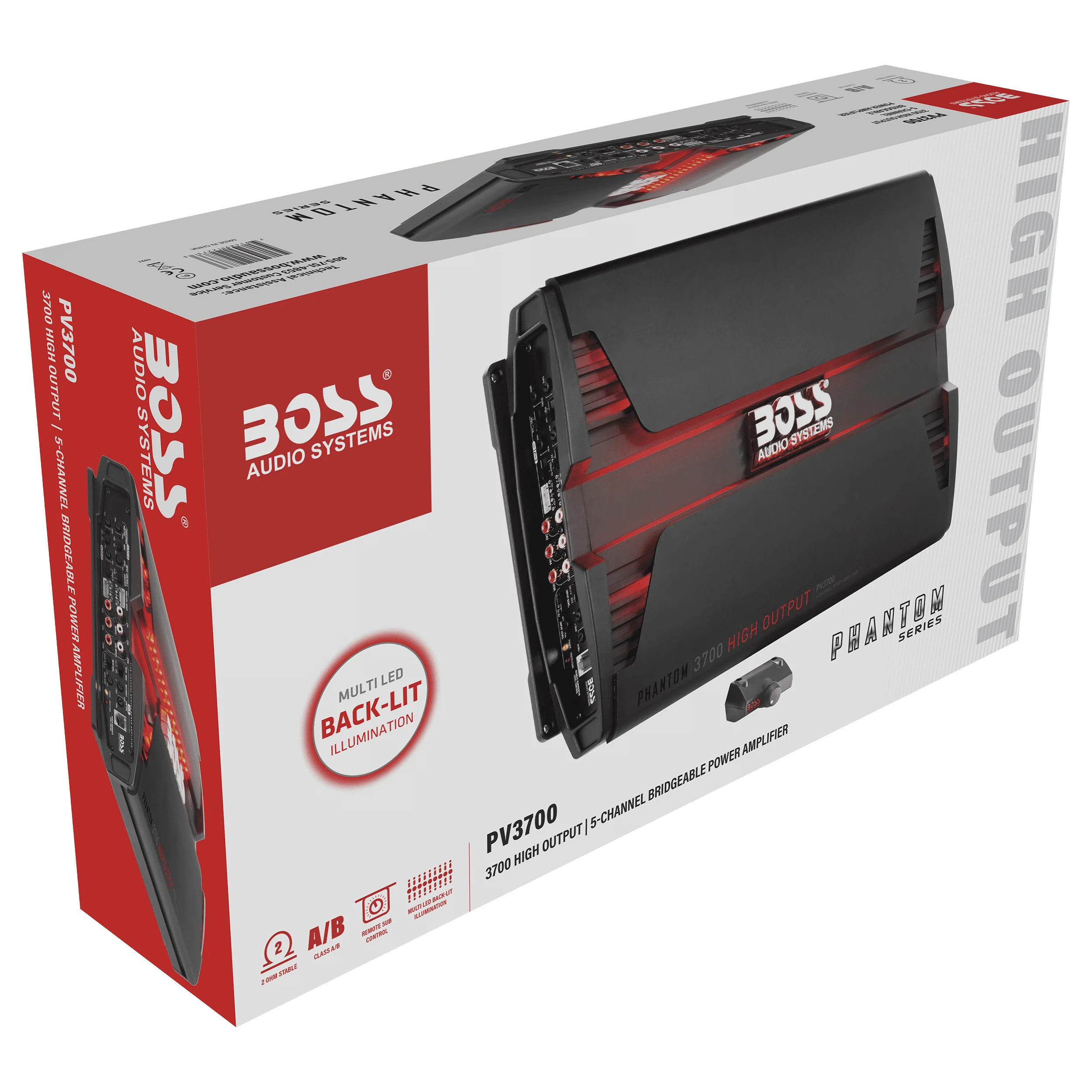 BOSS Audio Systems PV3700 5 Phantom Series Car Audio Amplifier - 3700 High Output, 5 Channel, 2/4 Ohm Stable, Low/High Level Inputs, High/Low Pass Crossover, Full Range, Bridgeable, Subwoofer