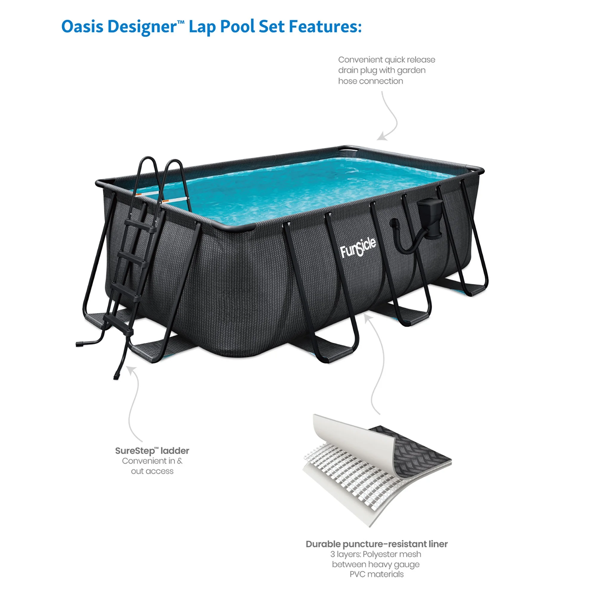 Funsicle: Oasis Designer Lap Pool - 13ft Above Ground Pool Set, Durable 3 - Ply, Powerful Filtration System, Surestep Ladder, 13'X7'X48