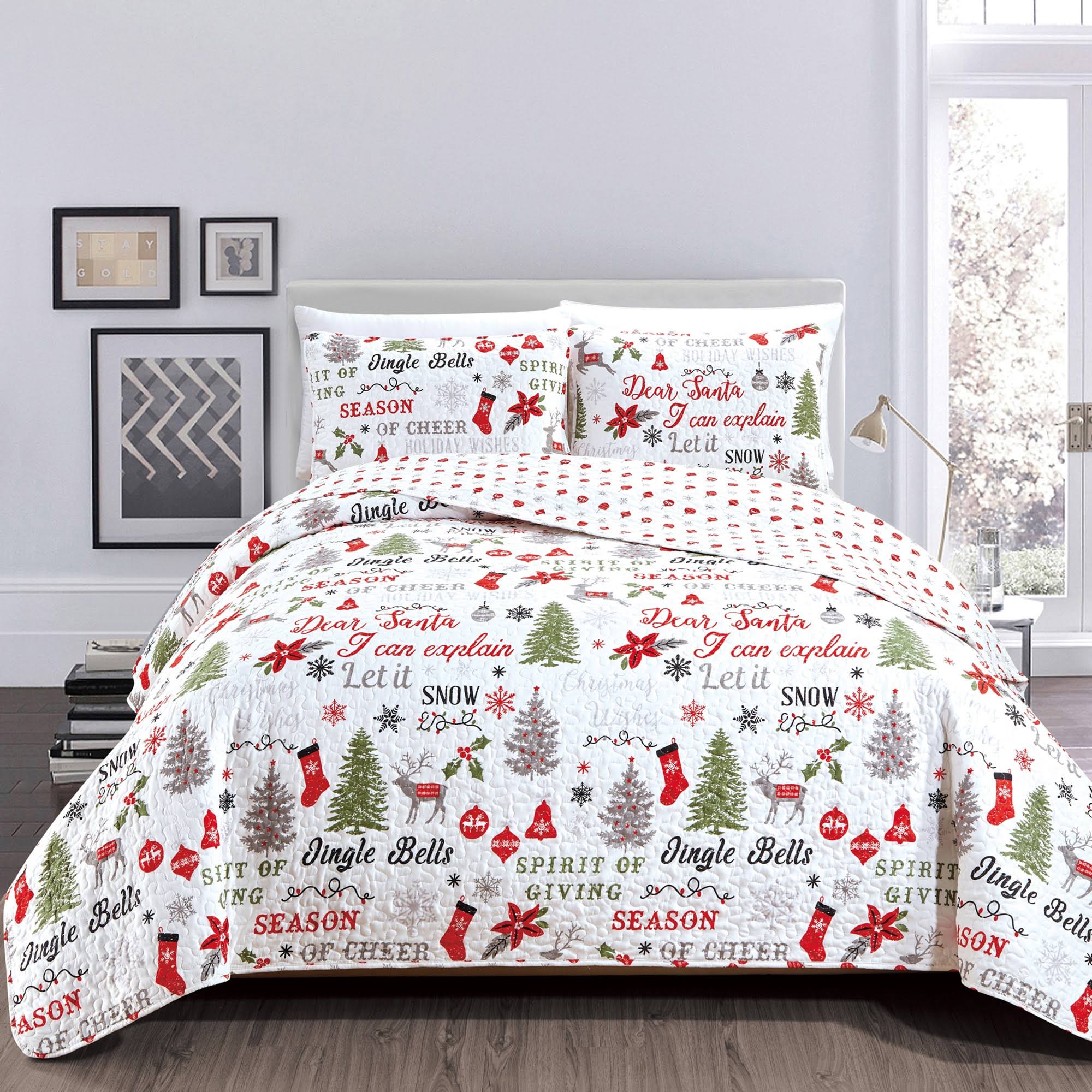 Great Bay Home Christmas Reversible Quilt Set with Sham (Twin, Holiday Wishes)