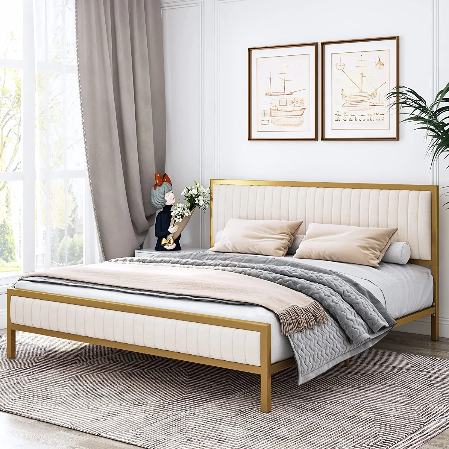 Homfa Queen Size Bed Frame, Golden Metal Platform Bed Frame with Velvet Upholstered Headboard,  Beige
