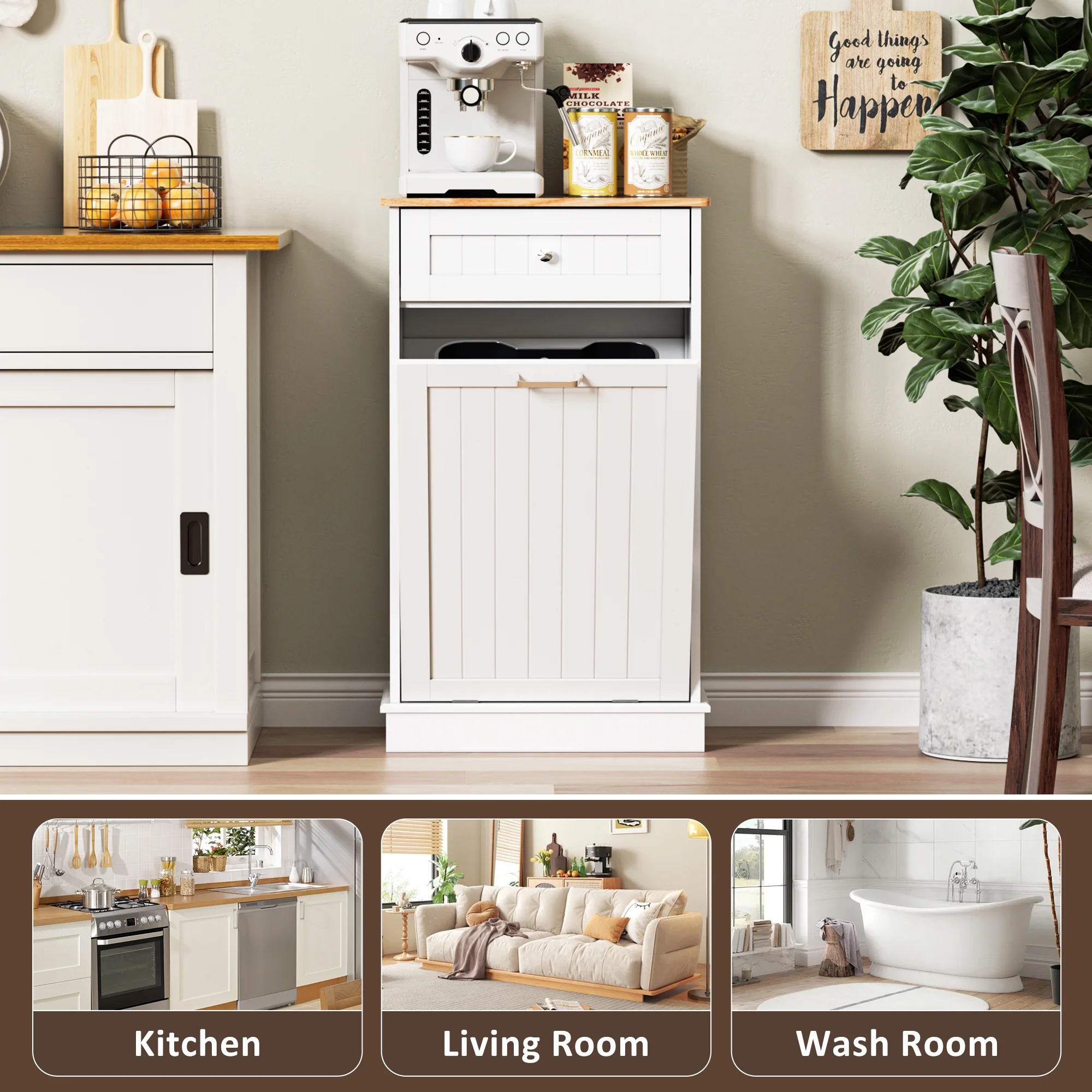 Single Tilt Out Trash Cabinet for 13 Gallon Waste Bin, Free Standing Kitchen Trash Can Cabinet with Drawers, White(White/13 gal) - Image 4