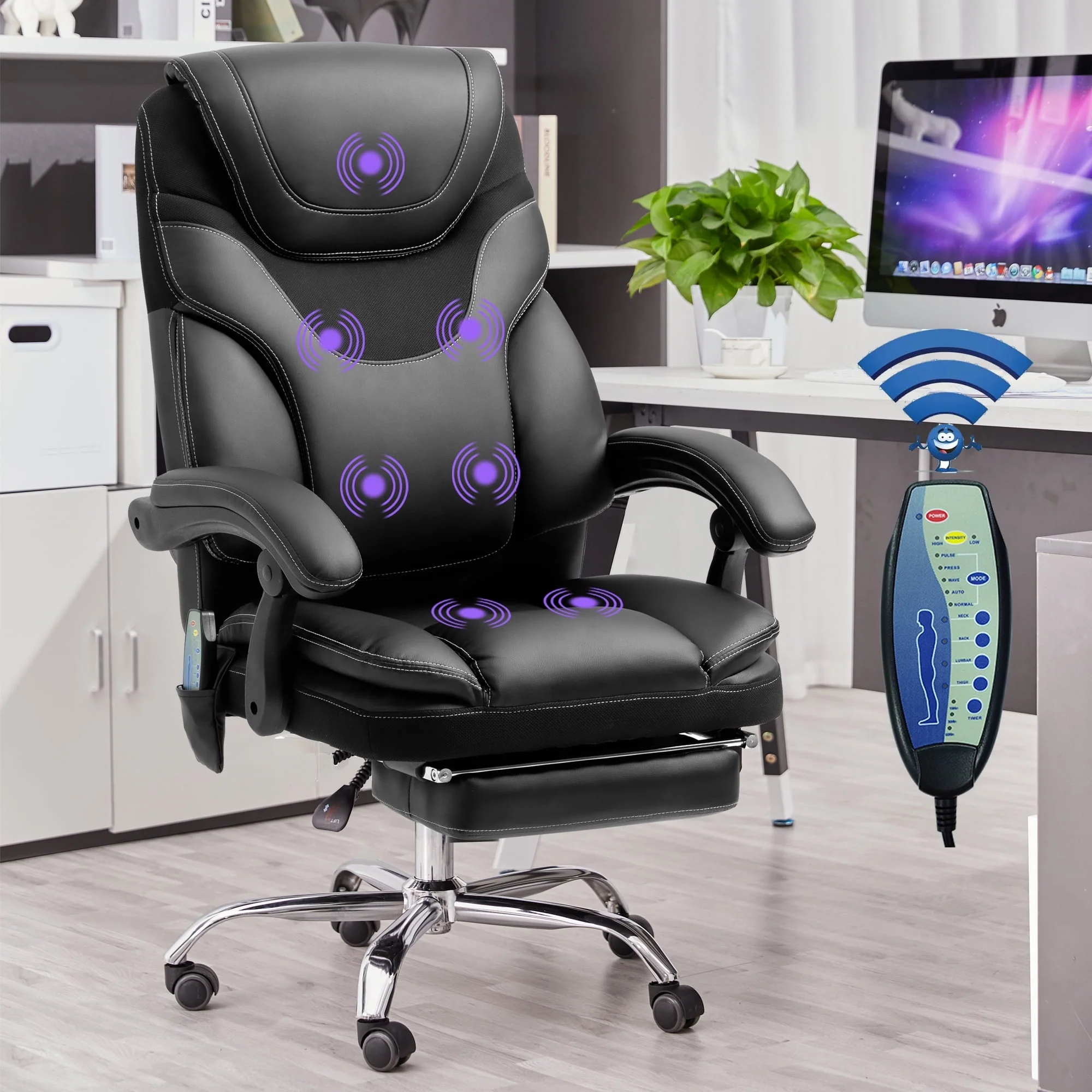 Massage Office Chair, Reclining Office Chair with Footrest, Ergonomic Office Chair with Lumbar Support, High Back Executive Office Chair, Height and Armrest Adjustable, 300 lb Capacity