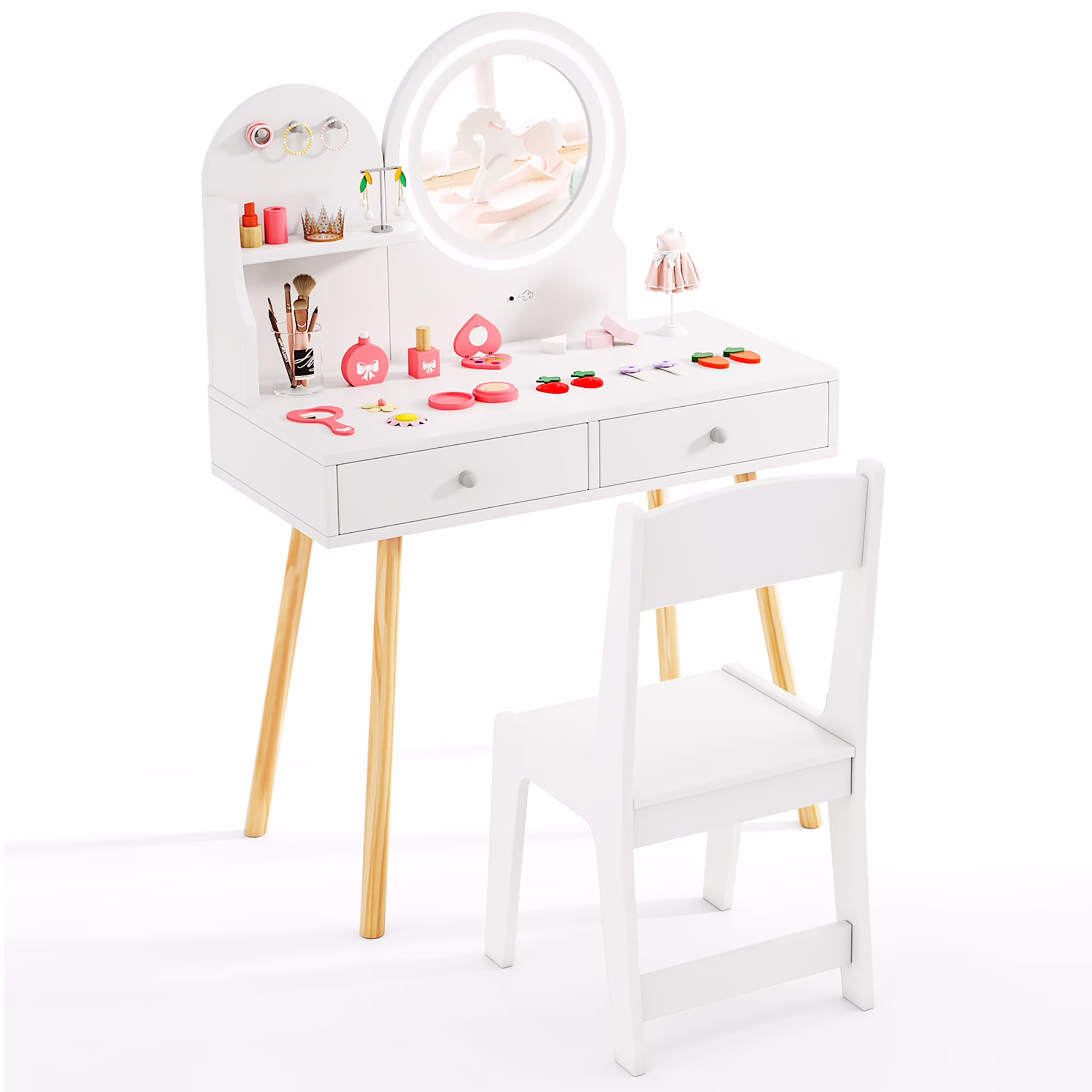 Gymax Kids Vanity Set W/ Lighted Mirror Princess Makeup Dressing Desk & Chair Set White