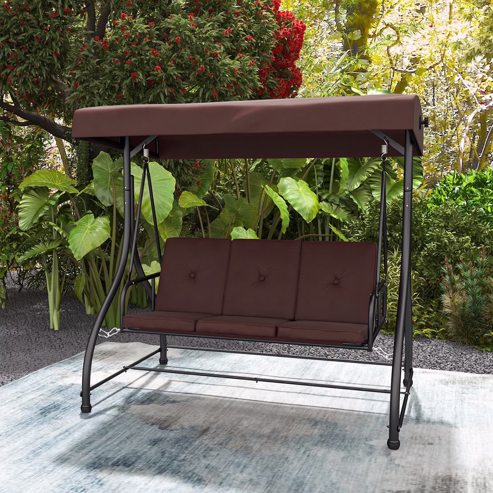 3-Seat Outdoor Converting Patio Swing Glider Adjustable Canopy Porch Swing Black(Black) - Image 3