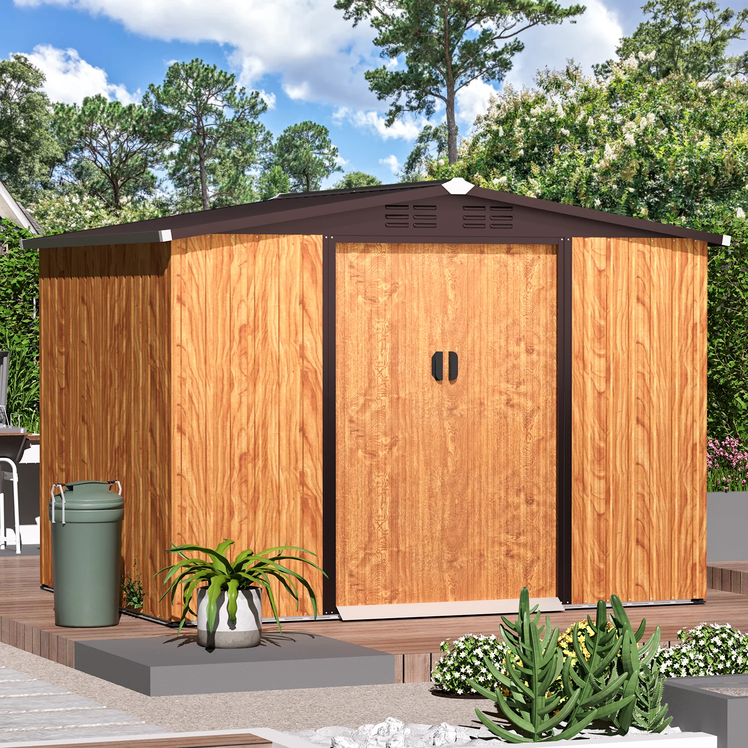 U - MAX 8 x 6 Ft. Wood Grain Outdoor Metal Storage Shed with Lockable Door Patio Garden Storage Building for Outside