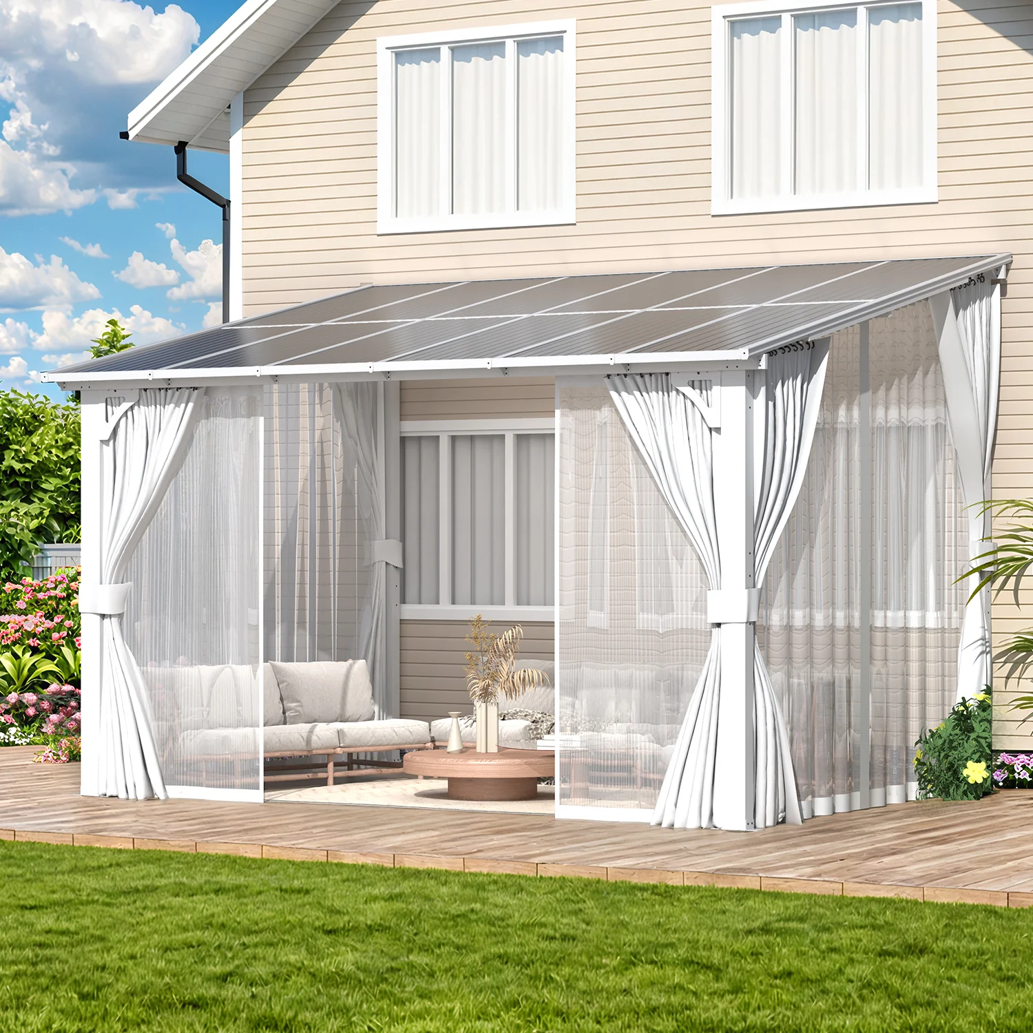AECOJOY 12'x8' Wall Gazebo with Curtains and Mosquito Netting, White