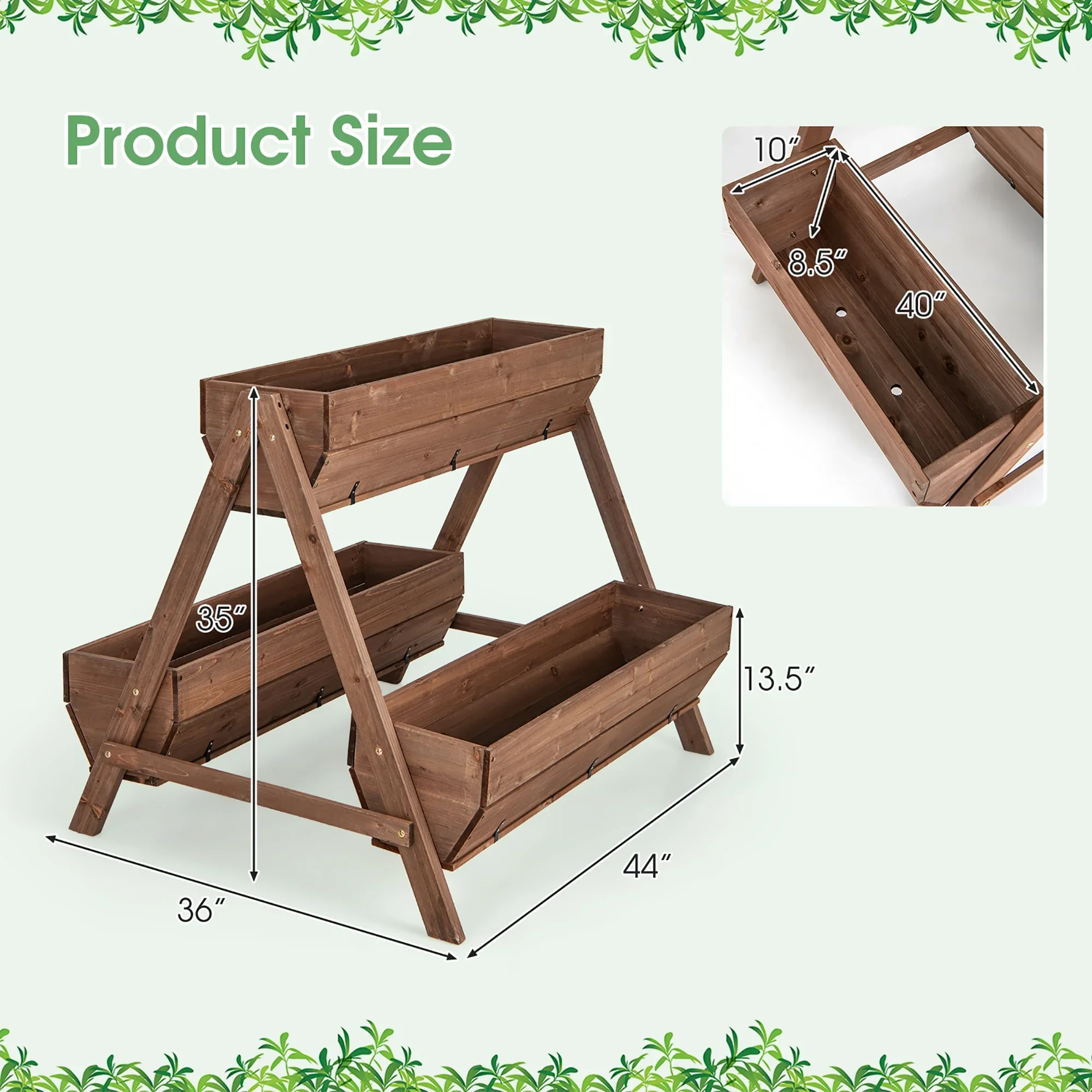Gymax Vertical Raised Garden Bed Wood Tiered Plant Stand w/ 3 Planter Containers
