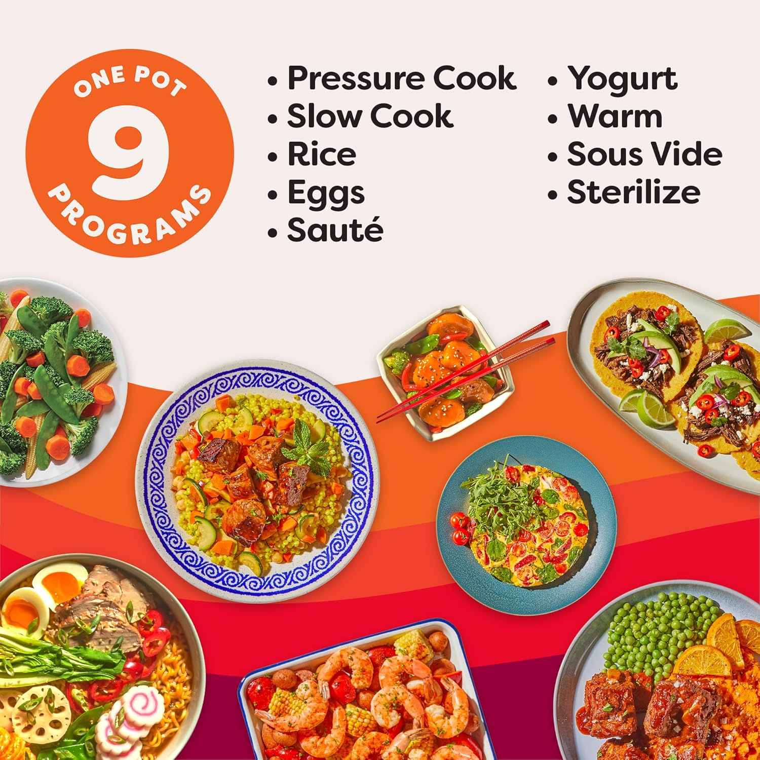 Multicuiseur 9 en 1 : autocuiseur, mijoteuse, cuiseur à riz, cuiseur vapeur, fonction sauté, yaourtière, chauffe-plat et stérilisateur. Application avec plus de 800 recettes incluse. Acier inoxydable. Capacité : 6 litres.