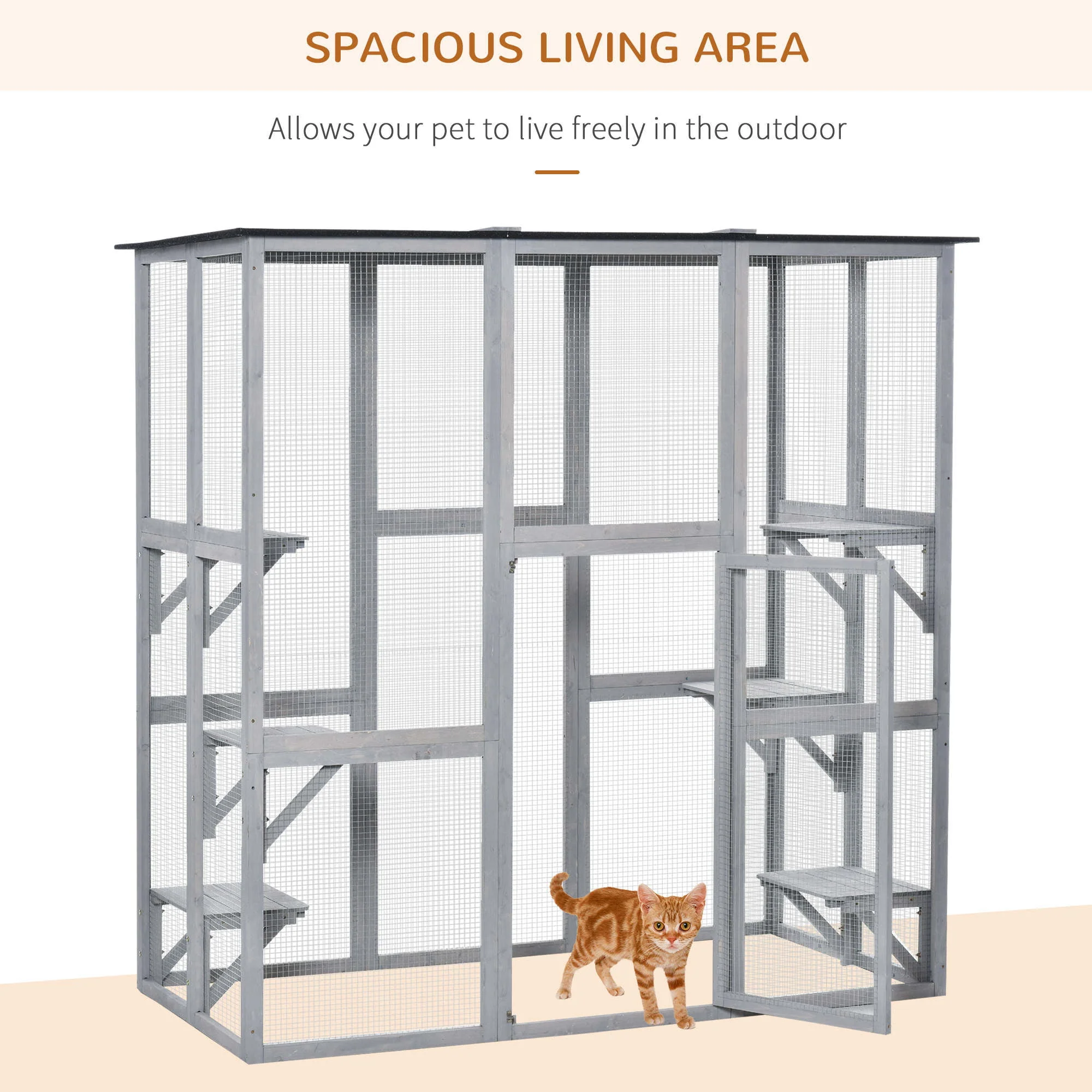 Wooden Catio Enclosure with Weather Protection, 6 Platforms, Outdoor, Large, 71" x 38.5" x 71" - Image 5