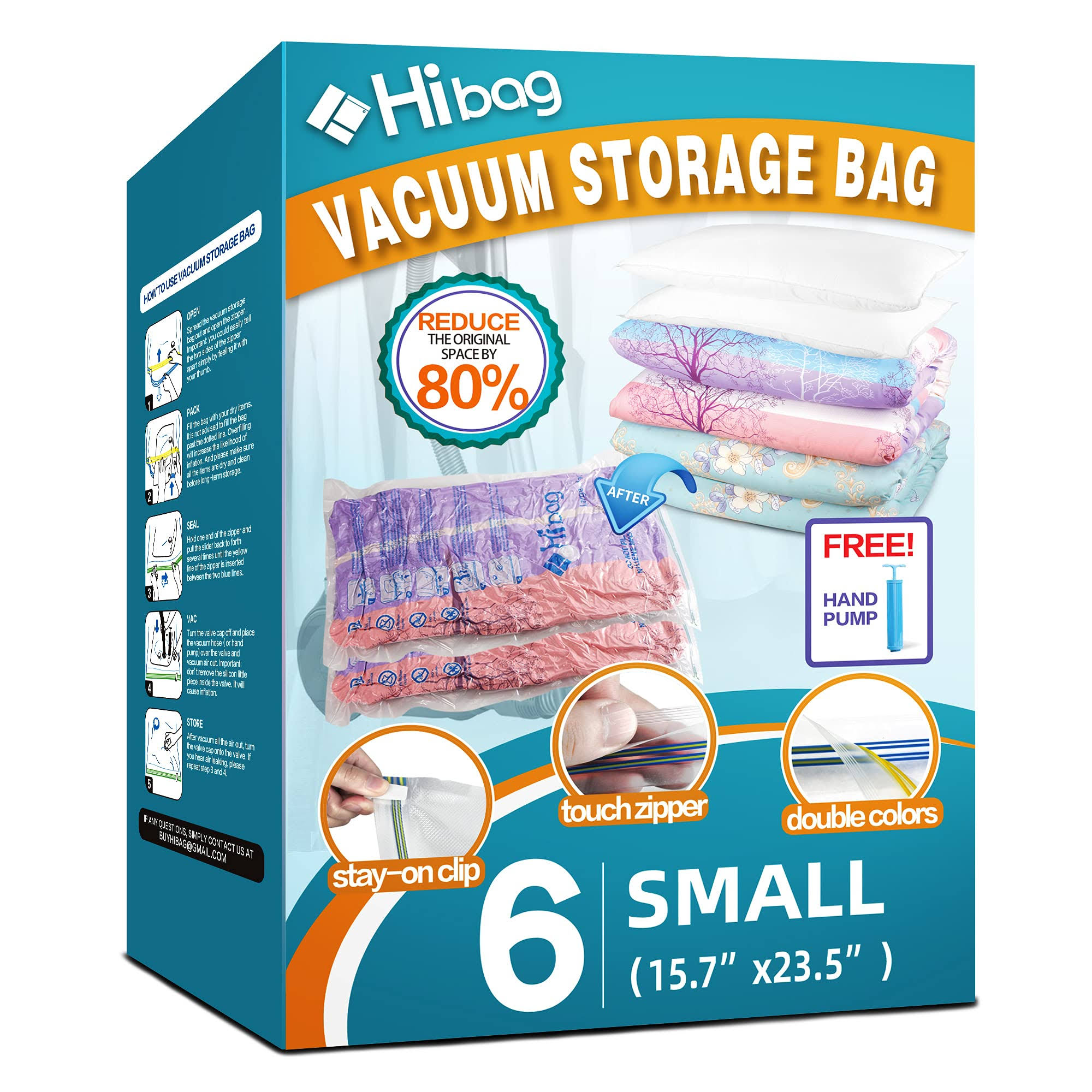 Hibag 6 Pack Vacuum Storage Bags for Clothes, Clothes Vacuum Bags Save 80% Space, Work with Vacuum Cleaner, Travel Hand Pump Included (6-Small)