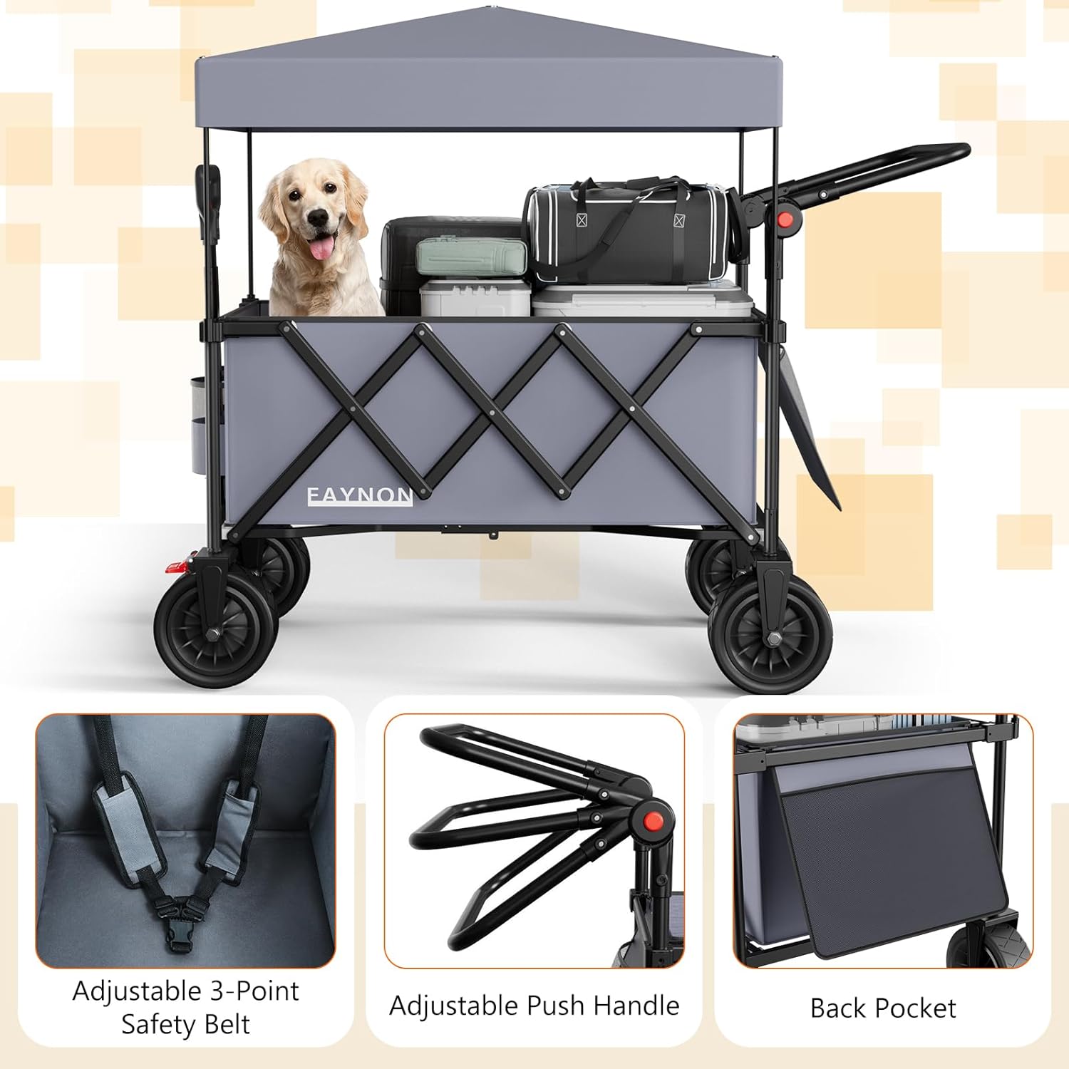 3 in 1 Collapsible Wagon with 300lbs Weight Capacity, 150L Heavy Duty Utility Cart with Removable Canopy, with Large All-Terrain Beach Wheels & Drink Holders, Gray