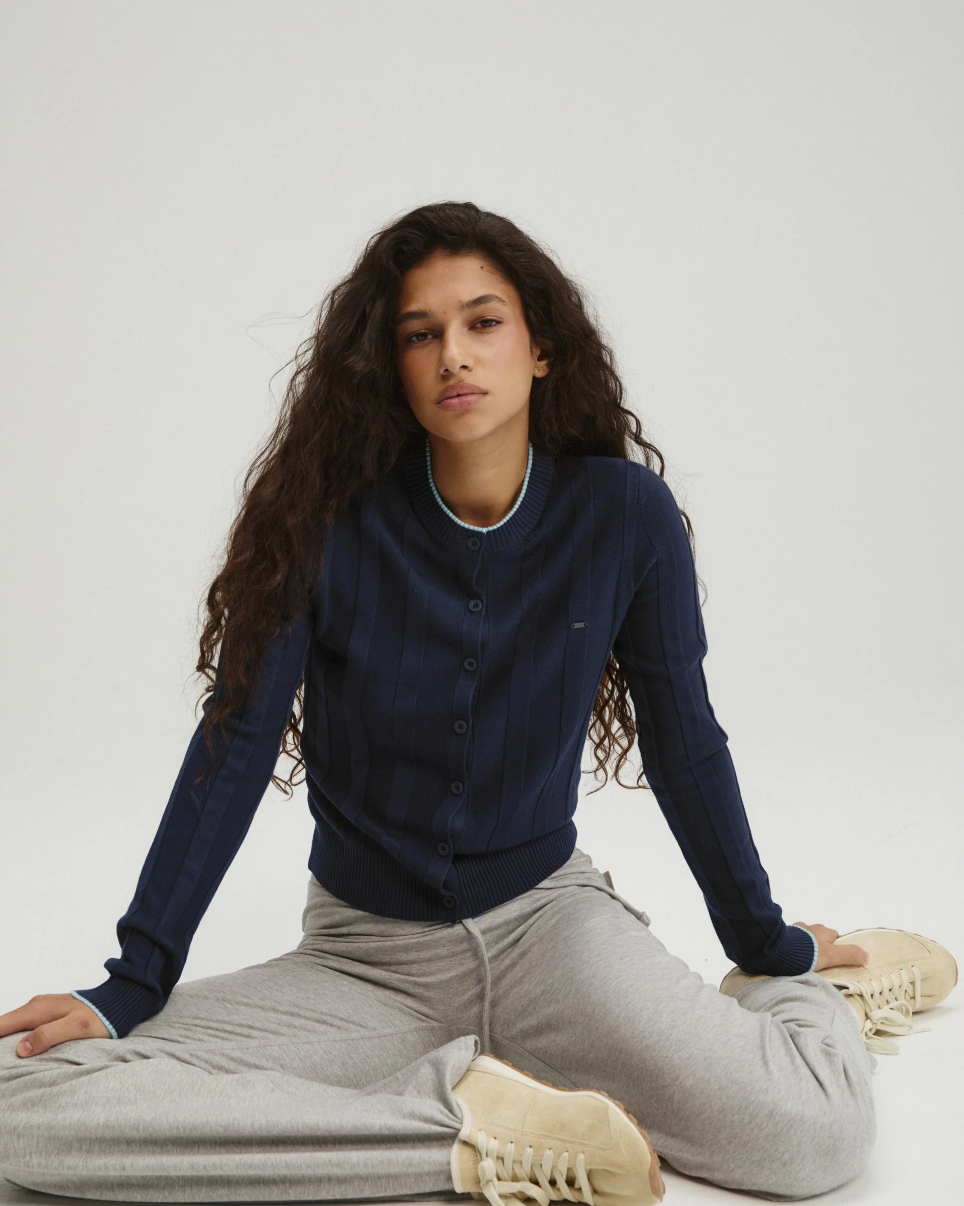 Rib Knit Contrast Tipping Cardigan - Navy Blue/Ocean Blue