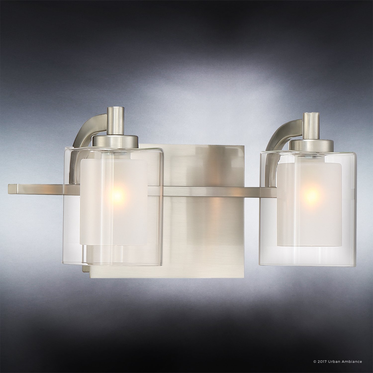 Urban Ambiance Luxury Modern Bathroom Vanity Light, Medium Size: 6"H x 13"W, with Posh Style Elements, Brushed Nickel Finish and Sand Blasted Inner Glass, Clear Outer Glass, UQL2400(Nickel)