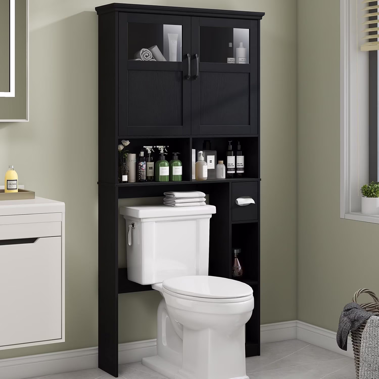 Over the Toilet Storage Cabinet, Storage Cabinet Over Toilet with Double Doors & Toilet Paper Holder Stand, Freestanding Toilet Shelf Space Saver with Anti - Tip Design & Adjustable Shelf, Black