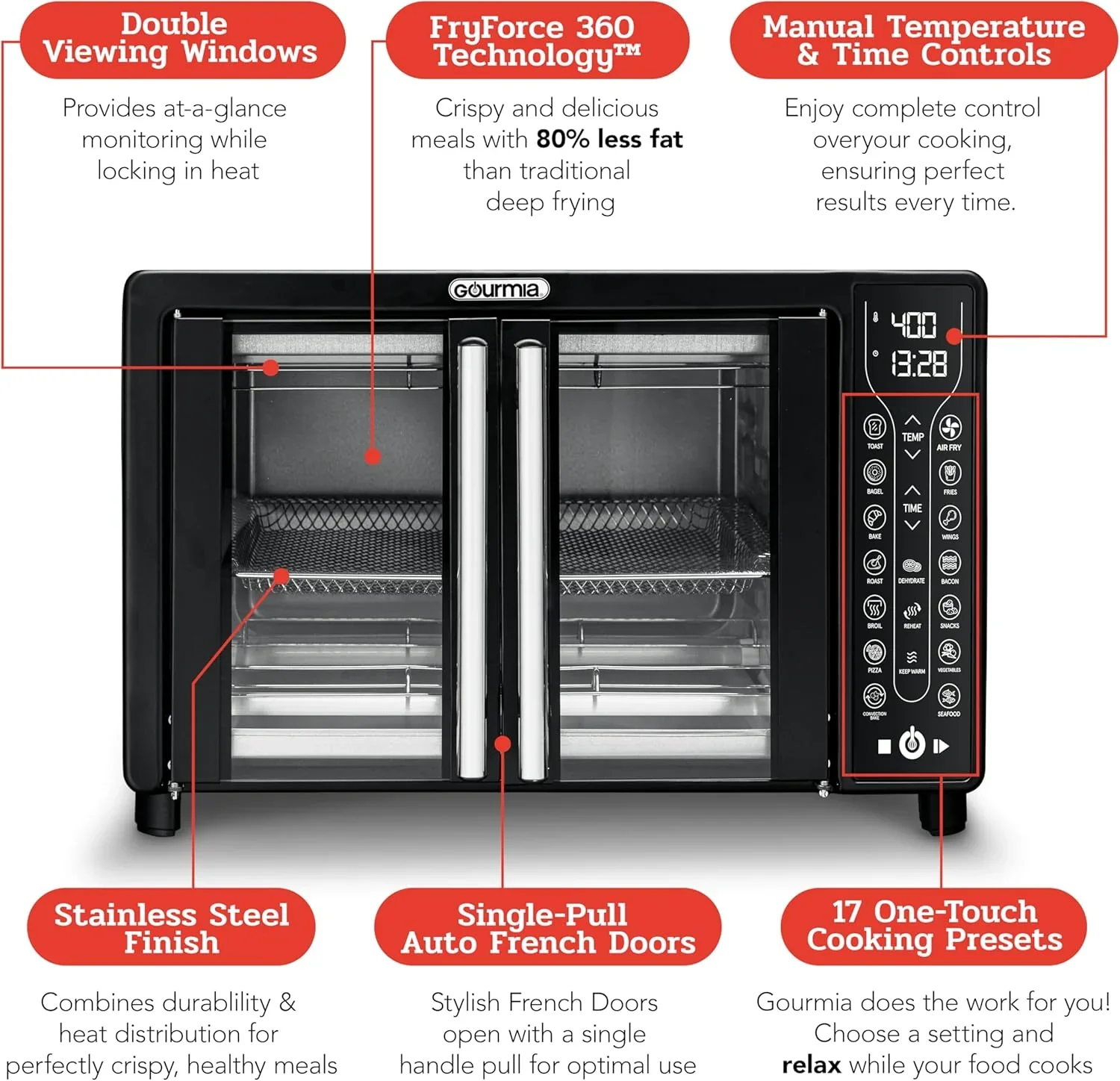 Four Gourmia avec friteuse à air chaud, 17 programmes de cuisson prédéfinis, capacité de 24 L et grille à convection.