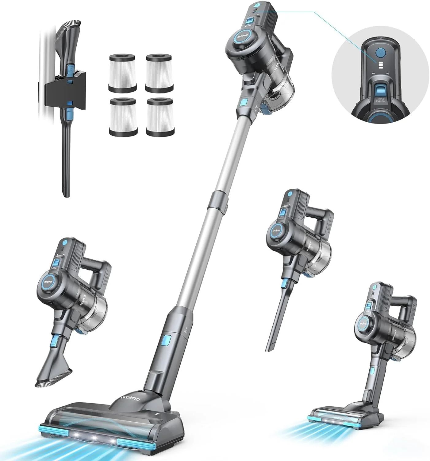 Cordless Vacuum Cleaner, 6-in-1 Stick Vacuum with 2200mAh*6 Rechargeable Battery, Vacuum Cleaner for Home with Self-Standing, Handheld Vacuum for Home Kitchen Hard Floor Carpet Pet Hair