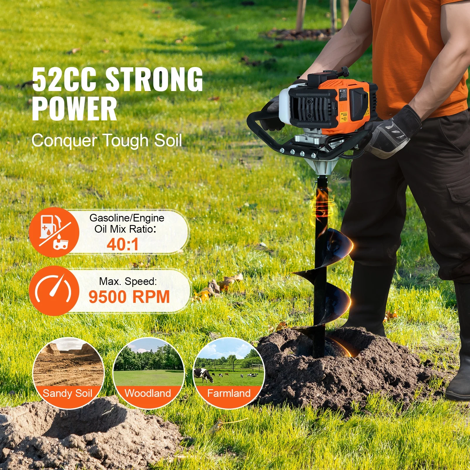 KFFKFF Gas Earth Auger, 52CC 1450W, Includes 8 Drill Bit & Extension Rod, Ideal for Garden, Farmland Fence Installation, Orange & Black