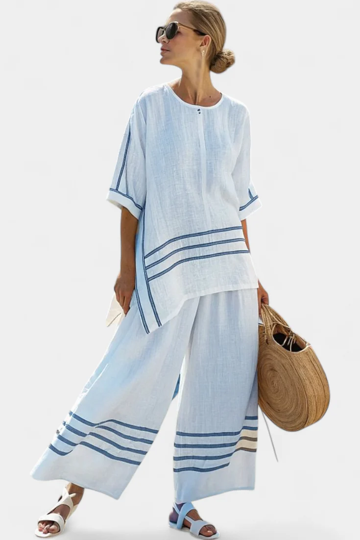 Vittorina – haut asymétrique à rayures sophistiqué et pantalons audacieux